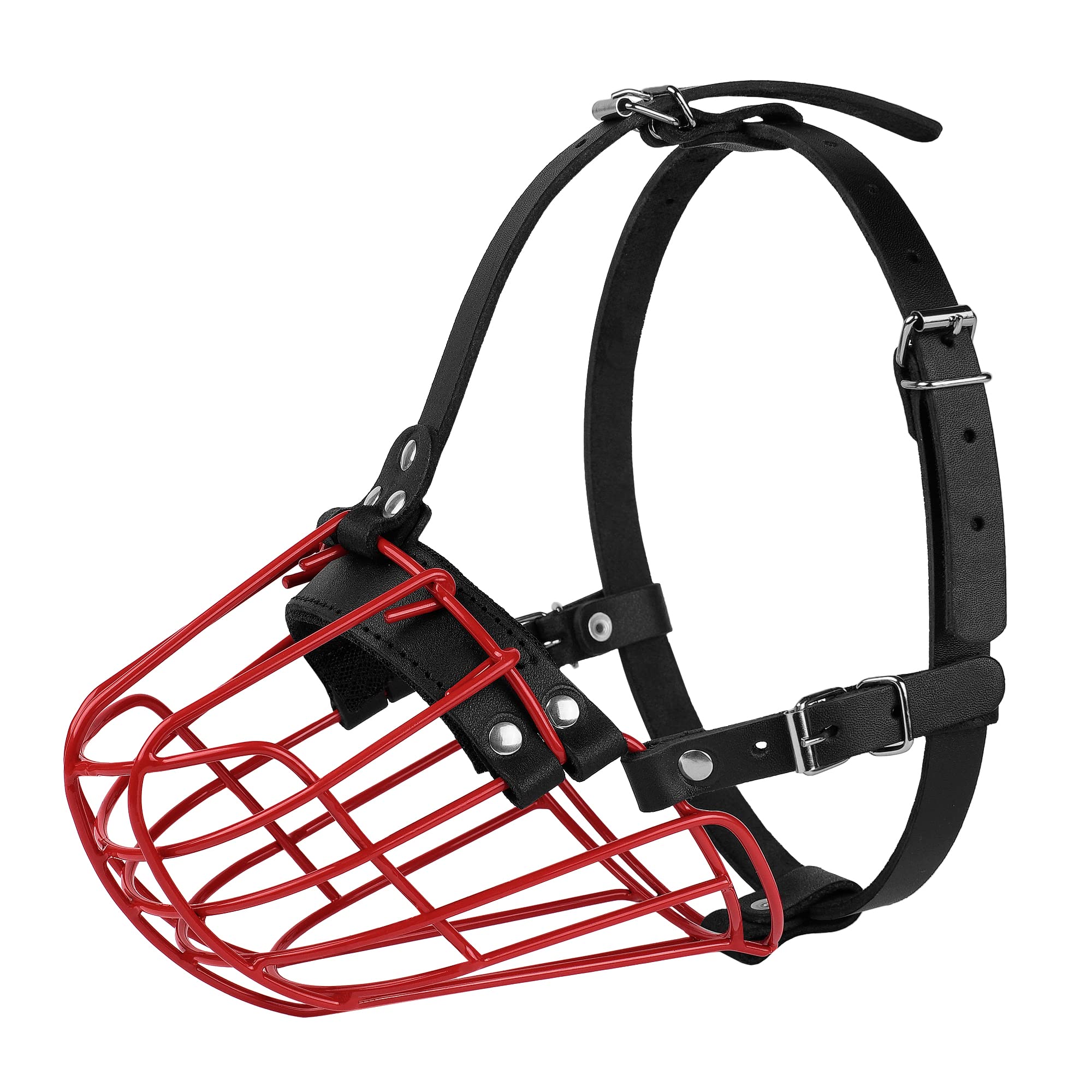 Pitbull Dog Muzzle Metal Mask Amstaff Secure Wire Basket Adjustable Durable Leather Straps For Large Dogs (Large, Red)