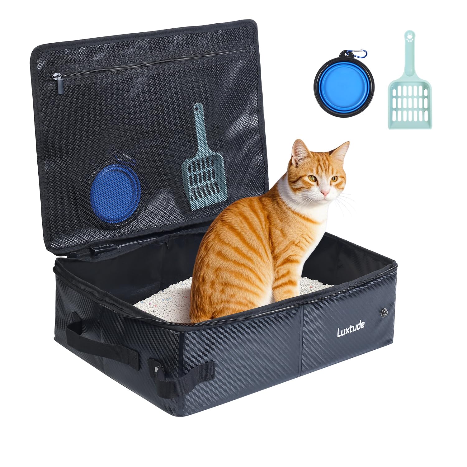 Luxtude Travel Litter Box for Cats, Portable Litter Case for Cats, Travel Cat Litter Case with Zipper Lid, Foldable Car Litter B