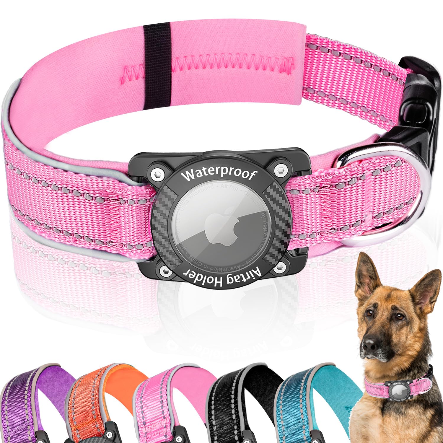 AgoumLux Upgraded AirTag Dog Collar, IP68 Waterproof Dog Collar with Apple Air Tag Holder, Reflective Adjustable Heavy Duty Dog 