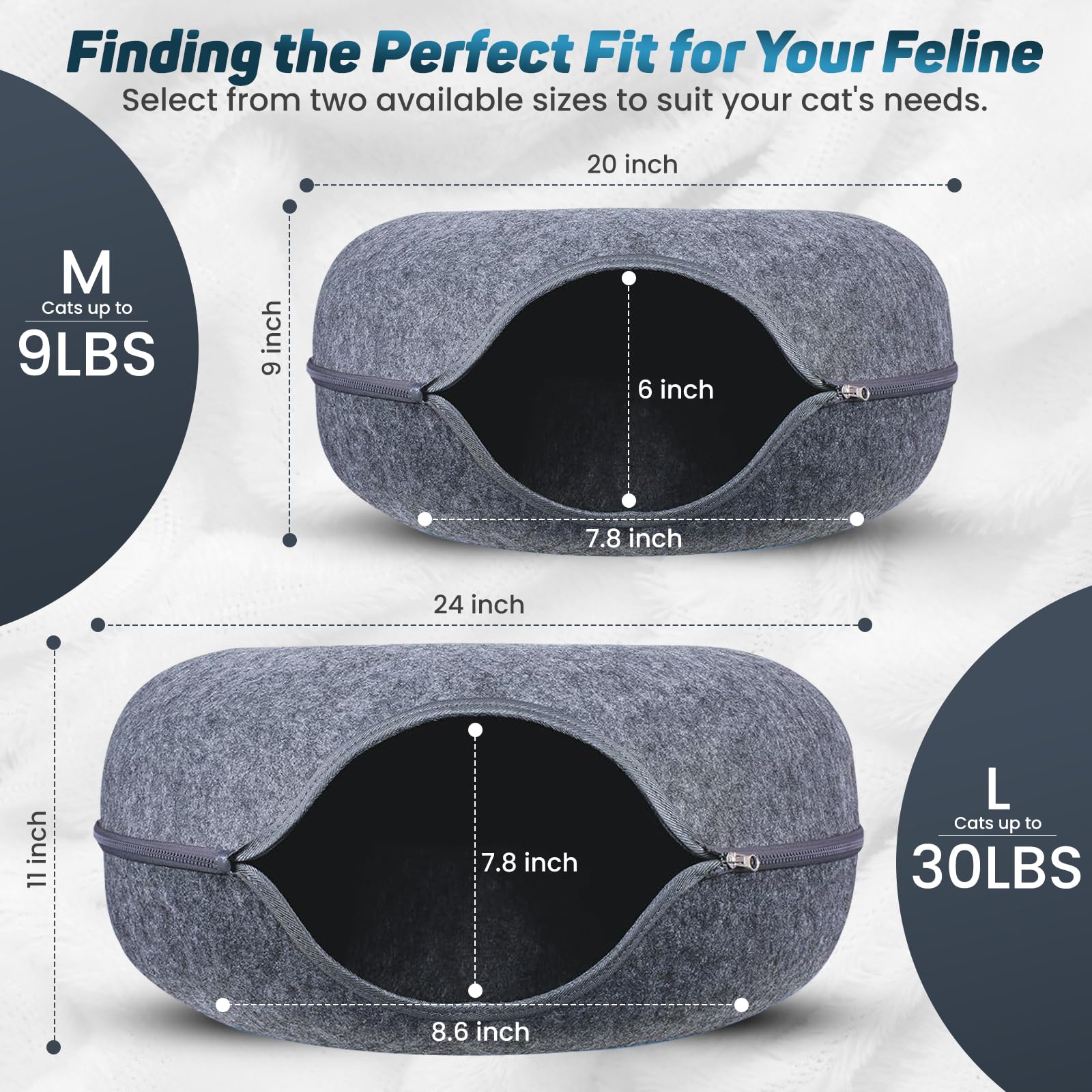 Peekaboo Large Cat Cave & Donut Bed - Scratch-Resistant, Washable Cat Tunnel Bed For Large Indoor Cats Up To 30 Lbs. (Dark Gray)