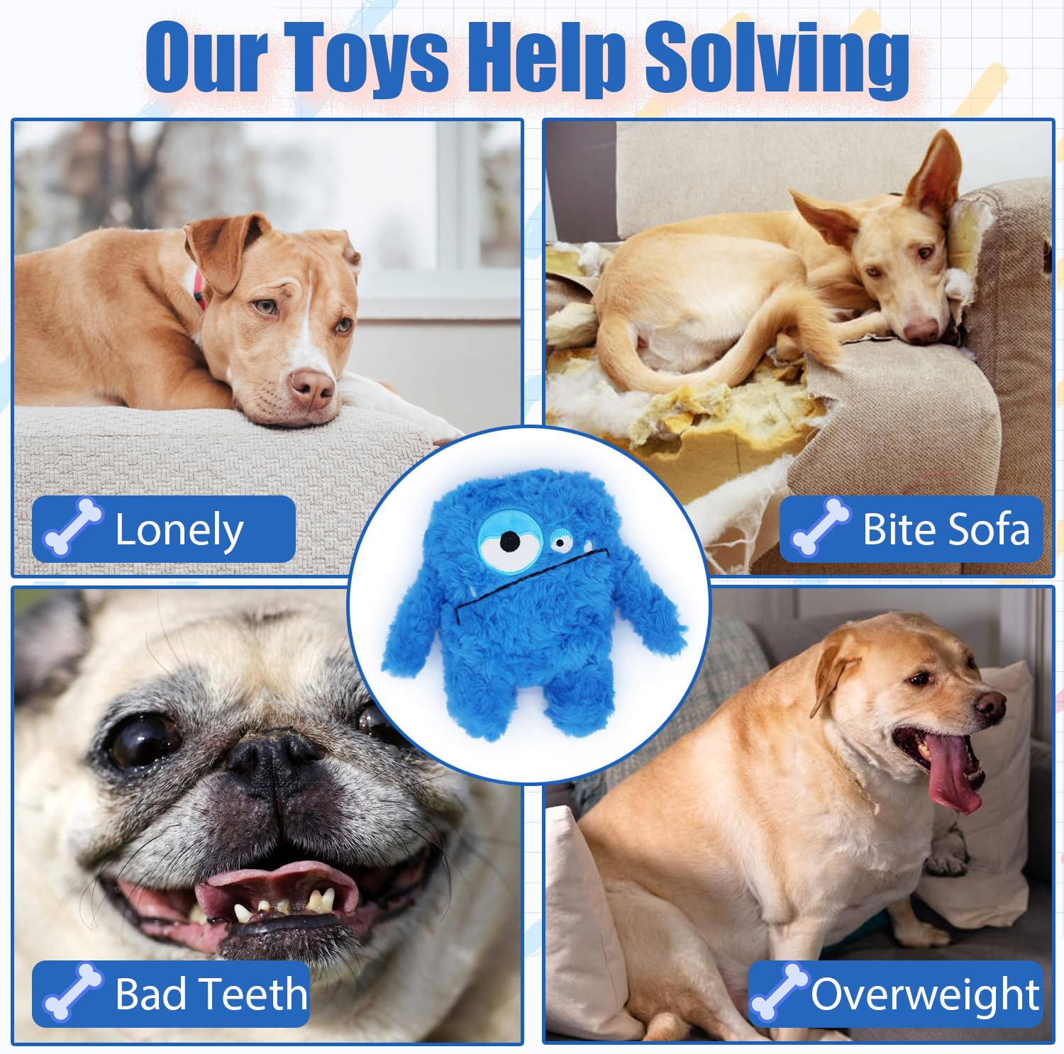 HUGEME Plush Squeaky Dog Toy - Crinkle Chew Toy for Small to Large Dogs, Blue, Model Mon-1-1