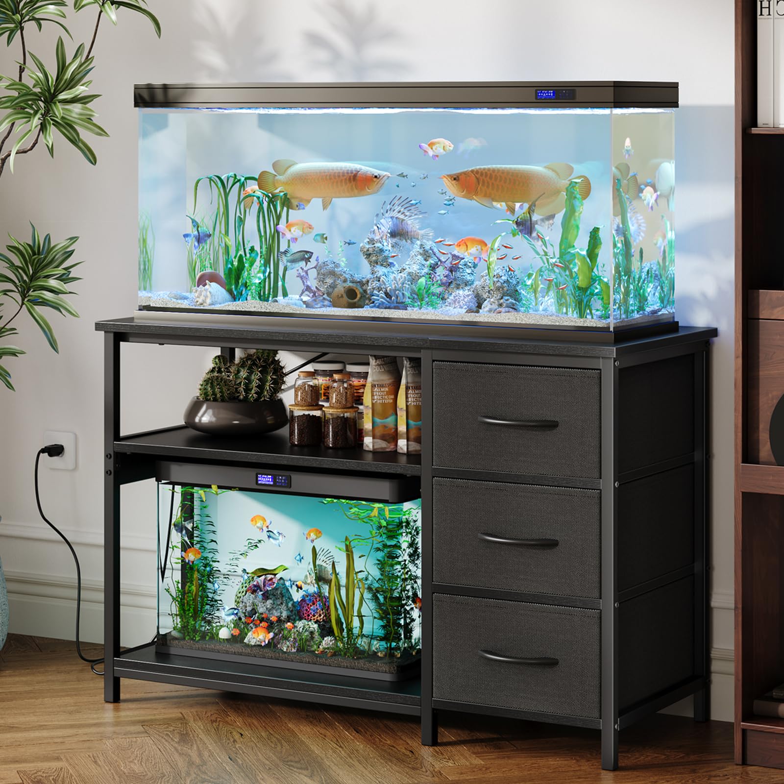 Garvee 55-75 Gallon Aquarium Stand, Heavy Duty Fish Tank Stand with Drawers & Shelves, LED Light, 1000lbs Capacity, Fish & Repti