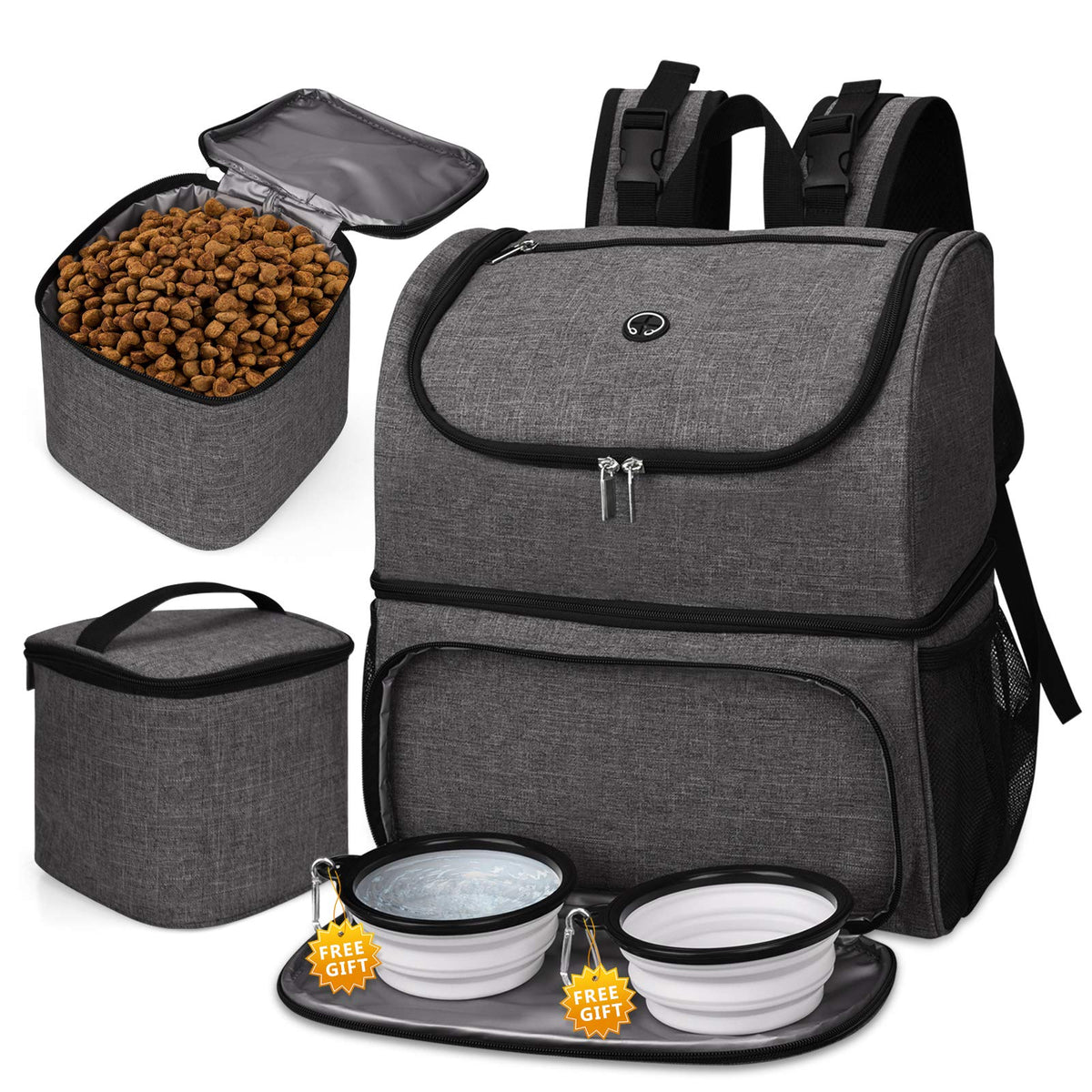 Baglher Pet Travel Bag, Double-Layer Pet Supplies Backpack (For All Pet Travel Supplies), Pet Travel Backpack With 2 Silicone Collapsible Bowls And 2 Food Baskets Grey