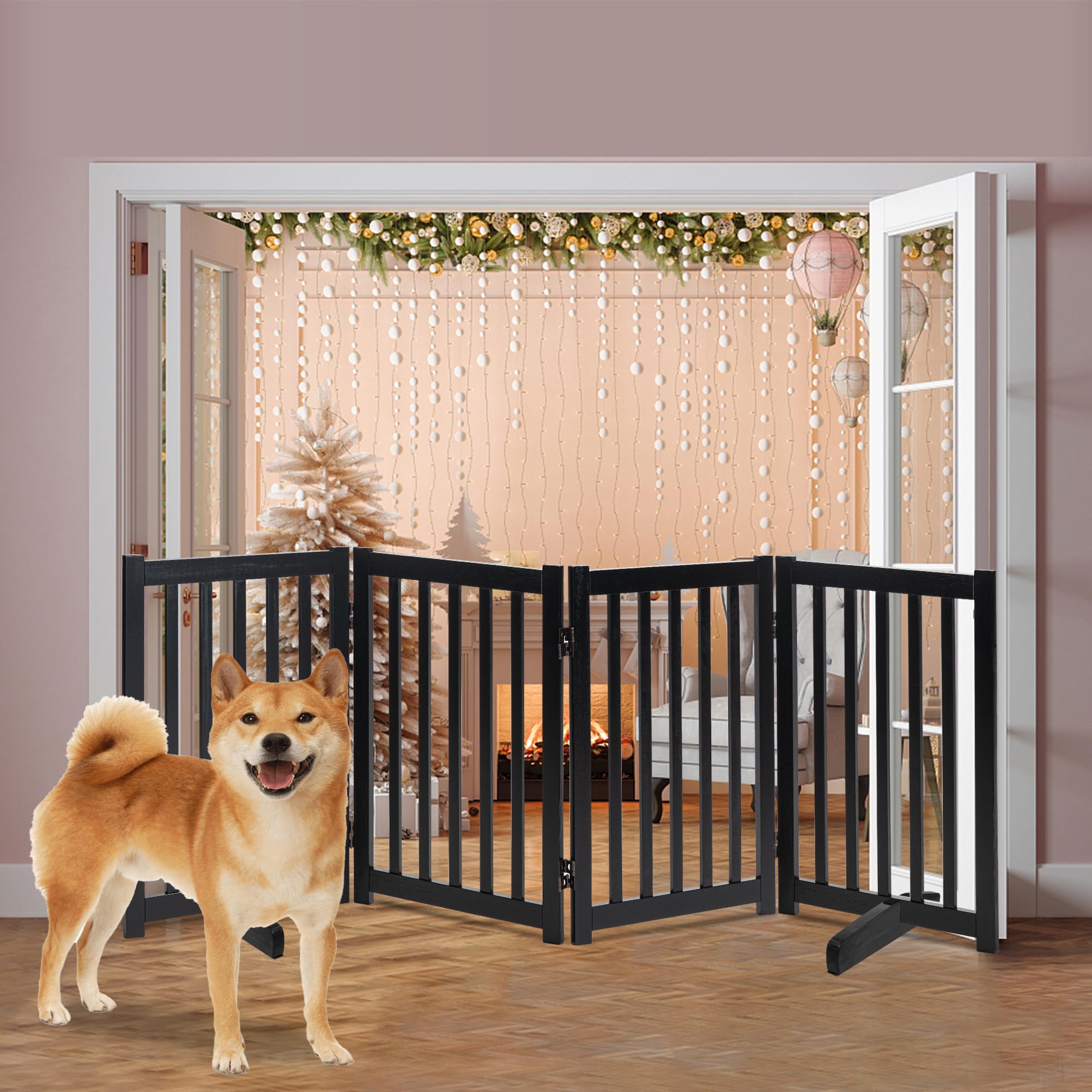 LZRS Freestanding Extra Wide Dog Gate 30 inch Tall - 4 Panels Solid Wooden Pet Gate for Doorways, Stairs, Hallways,Kitchens& Lon