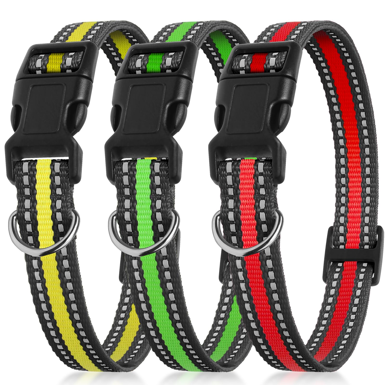 Petjoy 3-Pack Dog Collar - Quick-Release Buckle & D-Rings - Reflective Multi-Color (R/Y/G) - Adjustable 8-27'' For Most E-Collar