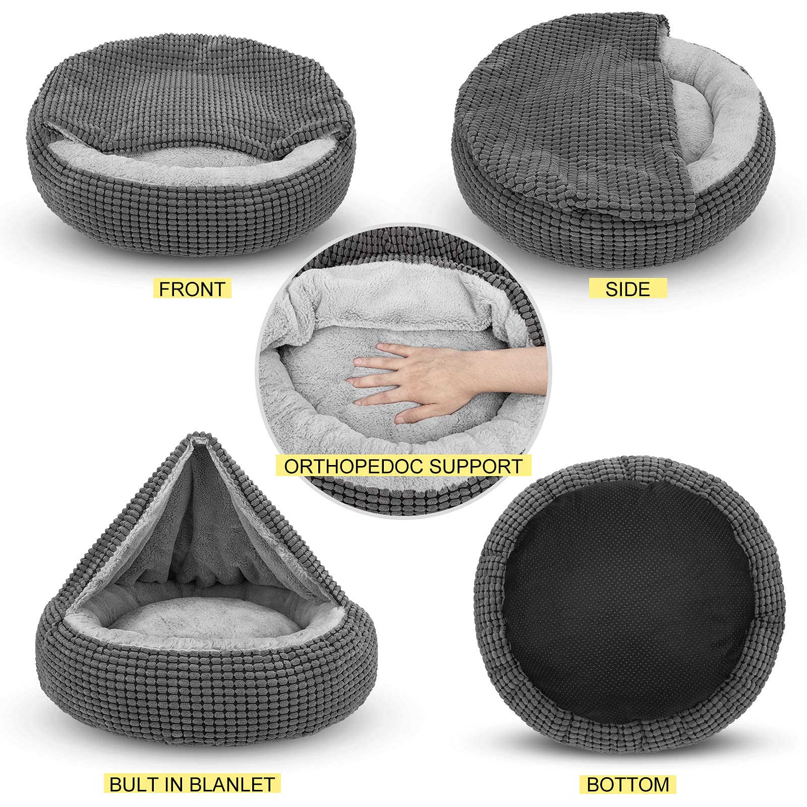 Siwa Mary Dog Bed With Attached Blanket For Small Dogs Or Cats, Soft Plush Cozy Donut Cuddler Hooded Pet Beds Washable. Round Puppy Bed Orthopedic, Calming Cat Cave Bed. Anti-Slip Bottom 26Inch
