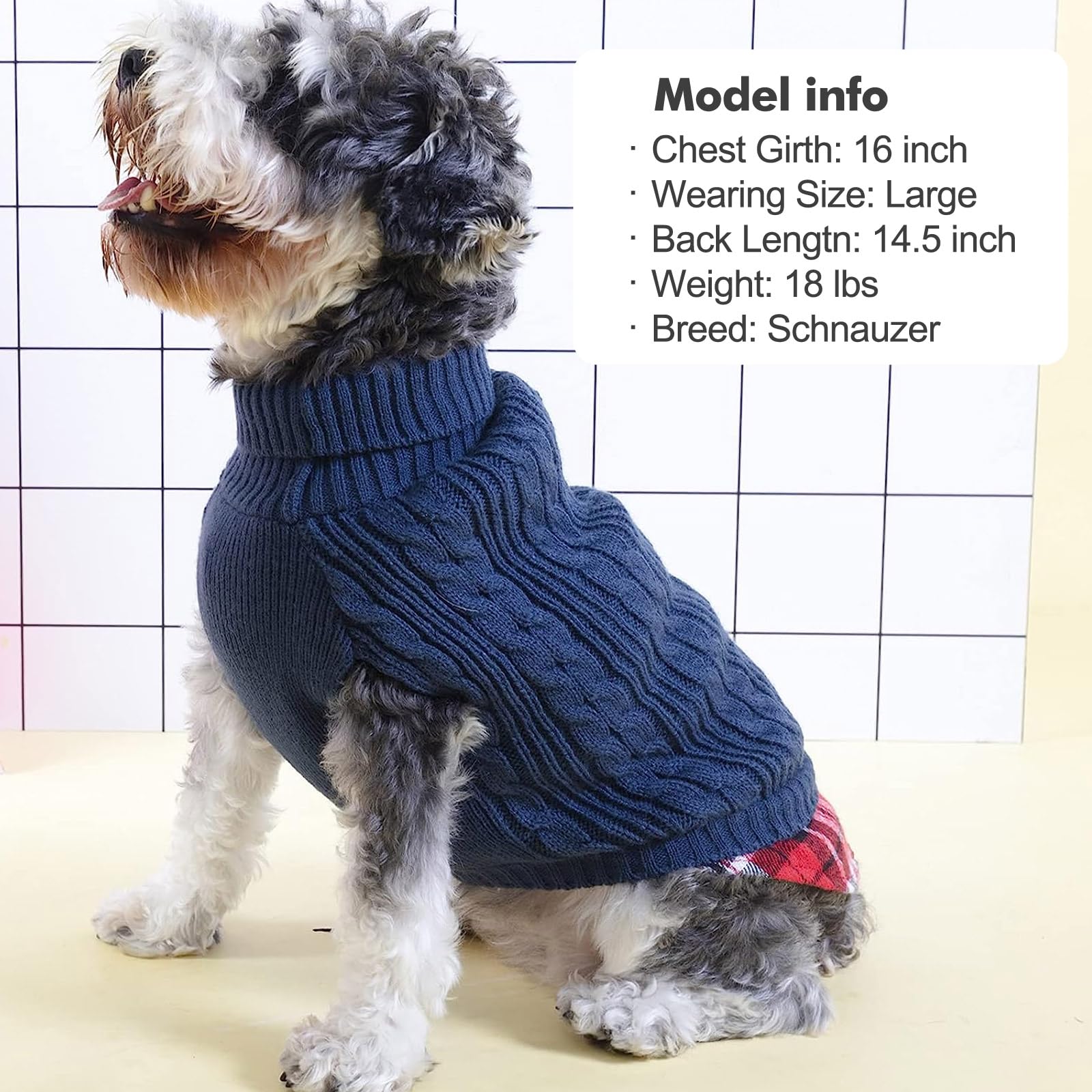 Kyeese Dog Sweaters For Small Dogs Navy Blue With Leash Hole Turtleneck Dog Pullover Sweater With Gingham Patchwork Knit Warm Puppy Sweater