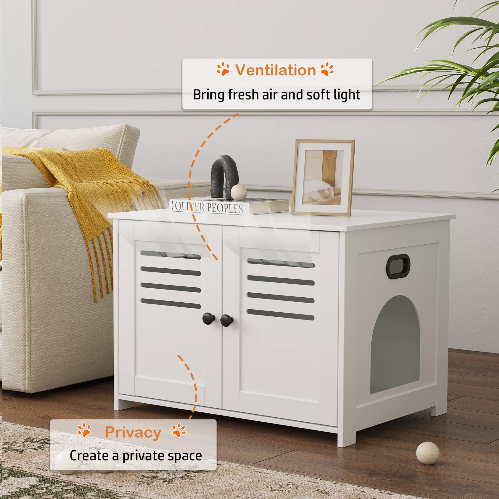 Dinzi Lvj Litter Box Enclosure, Cat Litter House With Louvered Doors, Entrance Can Be On Left Or Right, Large Hidden Cat Washroom For Most Of Litter Box, Cat Furniture Cabinet, White