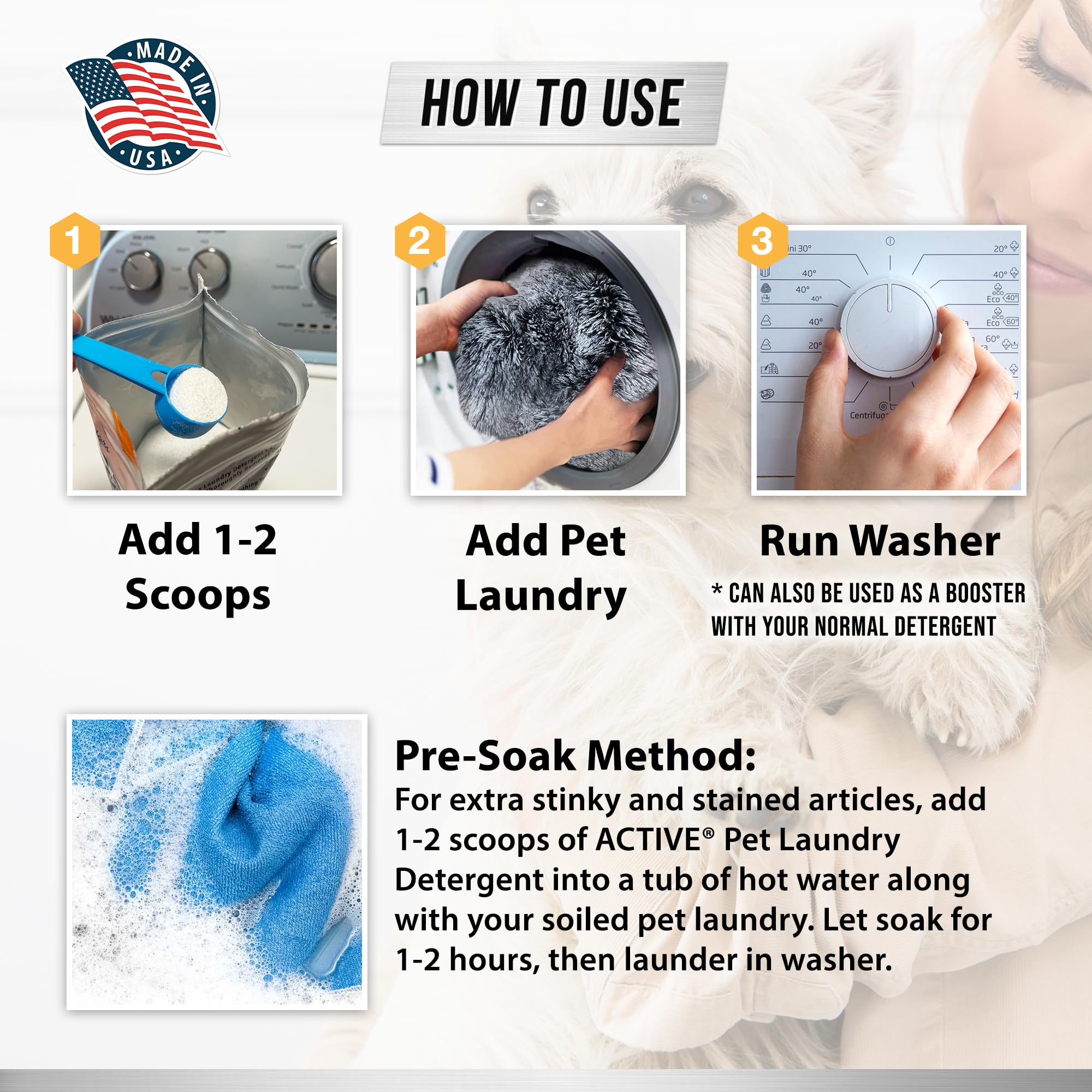 ACTIVE Pet Laundry Detergent - Enzyme-Based Odor Remover for Dogs & Cats, 32oz, HE Washer Friendly, White