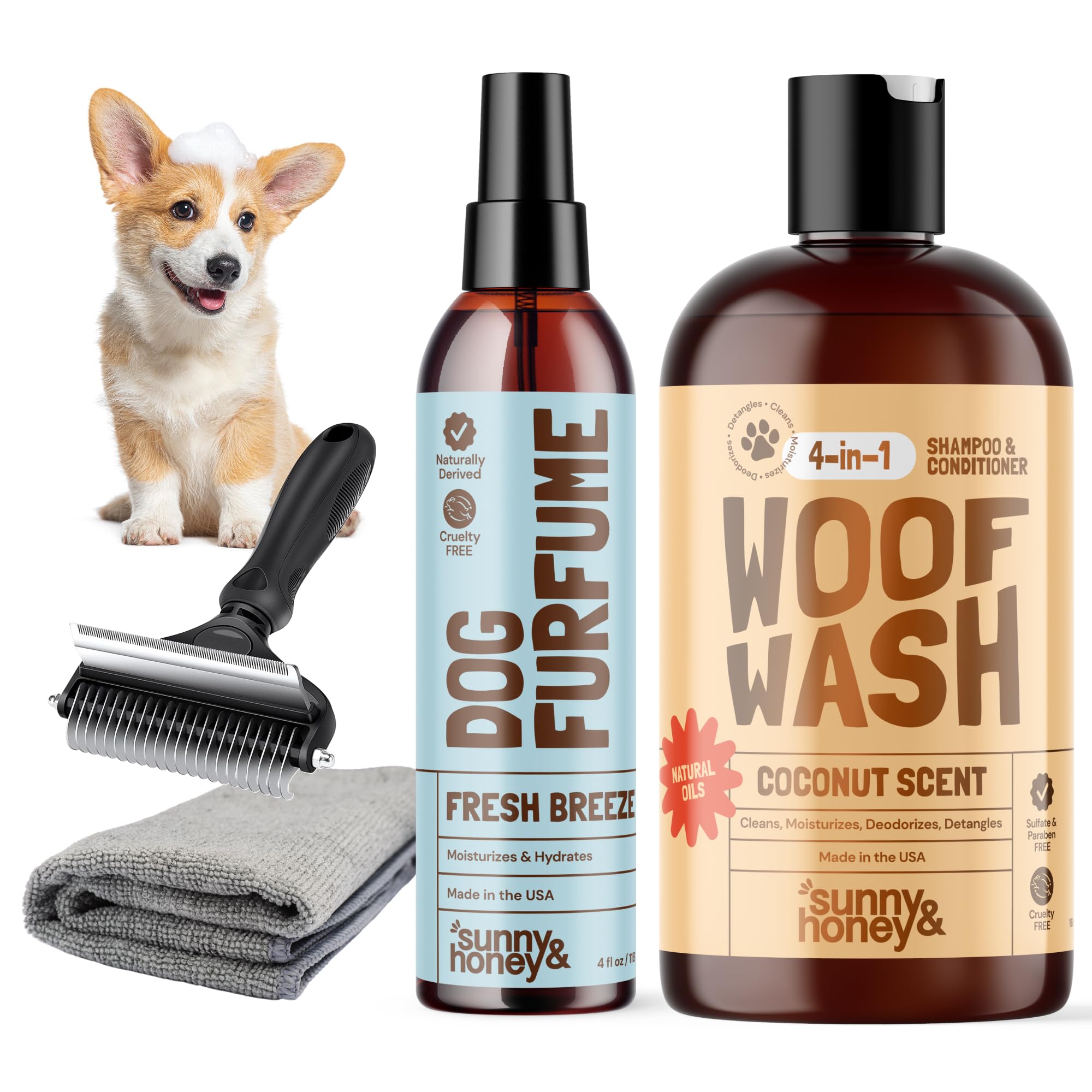 Sunny & Honey Bath Bundle - Dog Shampoo And Conditioner, Perfume, Brush For Shedding & Microfiber Towel - Moisturize & Detangle 