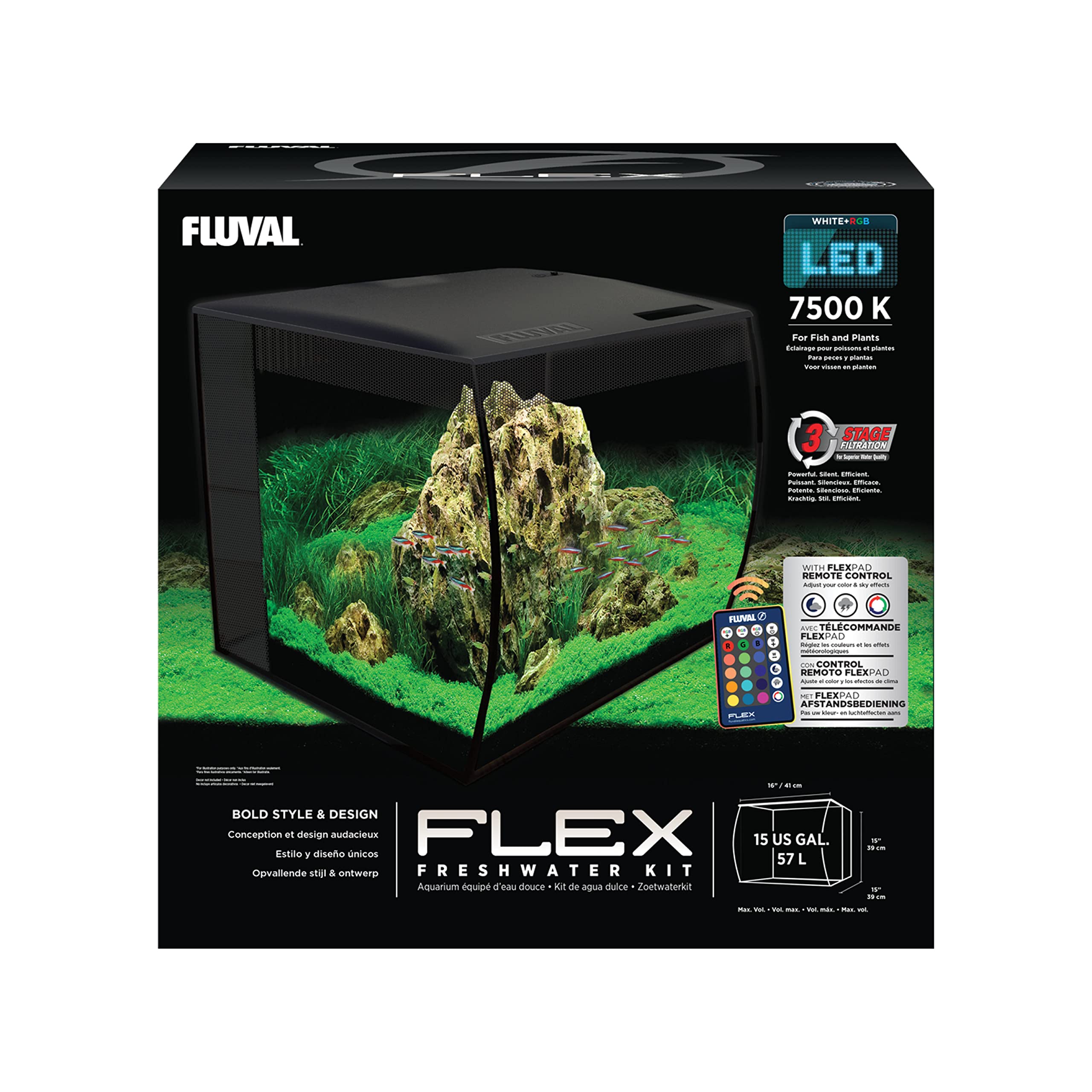 Fluval Flex 15 Aquarium Kit - Fish Tank for Fish & Plants - Comes with LED Lights, Filtration System & More - 16 x 15 x 15 - 57