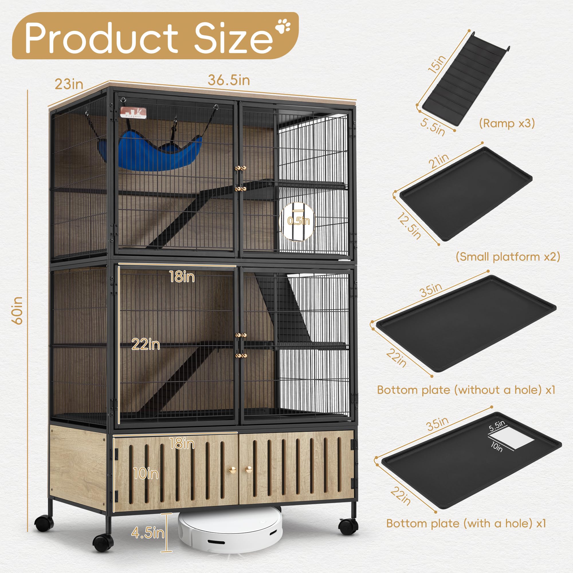 Fragess Metal Large Guinea Pig Cages 5 Levels, 60'' H Rolling Ferret Cage With Removable Ramps & Double Door, Critter Nation Cag