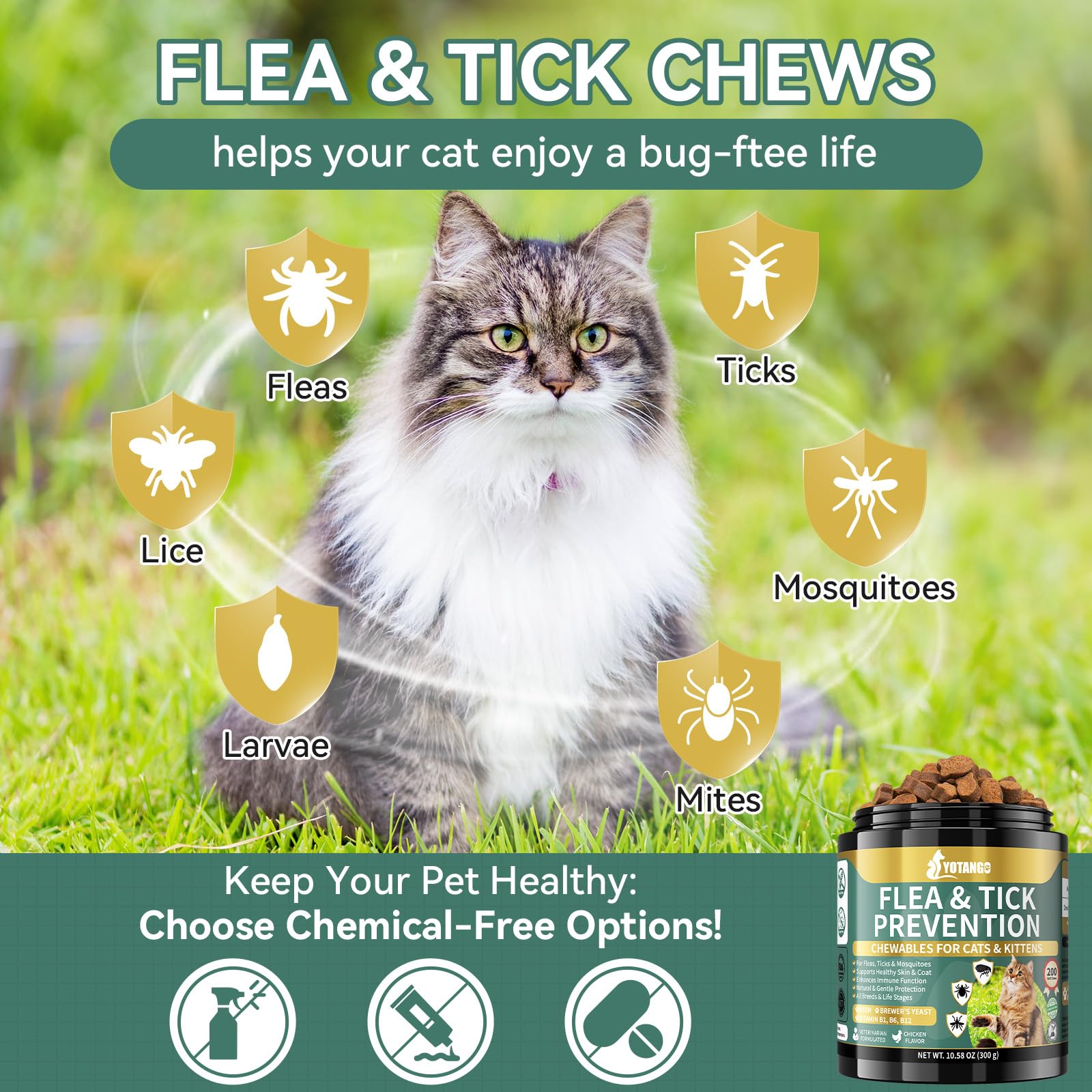 Natural Flea Treatment for Cats Chewables, 200 Soft Treats Flea and Tick Prevention for Cats, Oral Flea Supplement for Kitten Ca