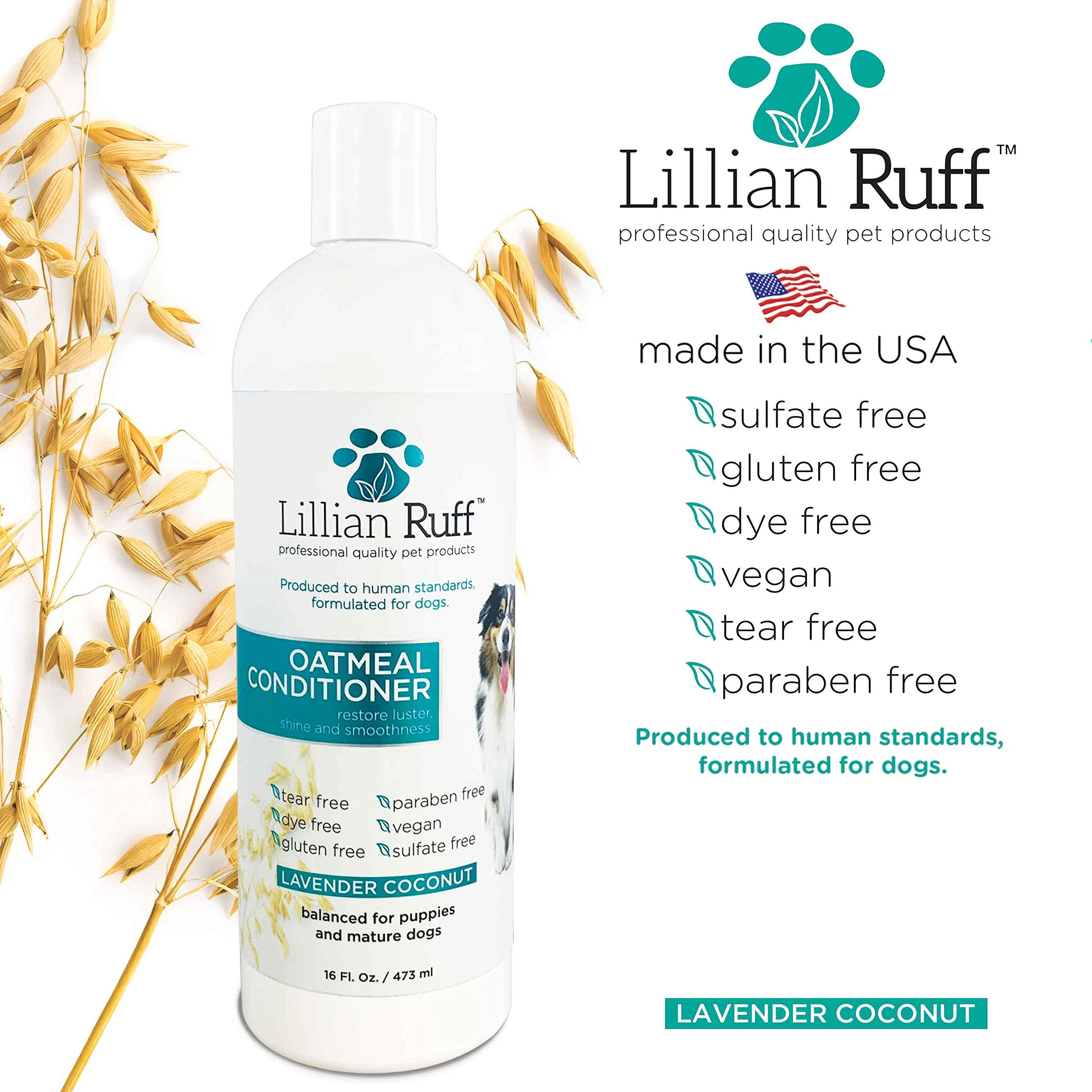 Lillian Ruff Calming Oatmeal Pet Conditioner For Dry Skin & Itch Relief With Aloe & Hydrating Essential Oils - Replenish Moisture & Deodorize - Dog Conditioner For Normal/Sensitive Skin (16Oz & Brush)
