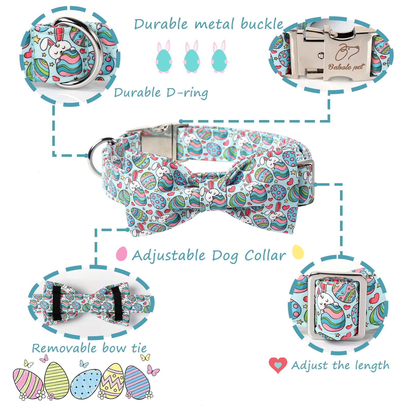 Babole Pet Easter Dog Collar With Bow Tie, Eggs Bowtie With Safety Metal Buckle, Cute Boy Girl Bunny Collar For Large Dogs, Xl