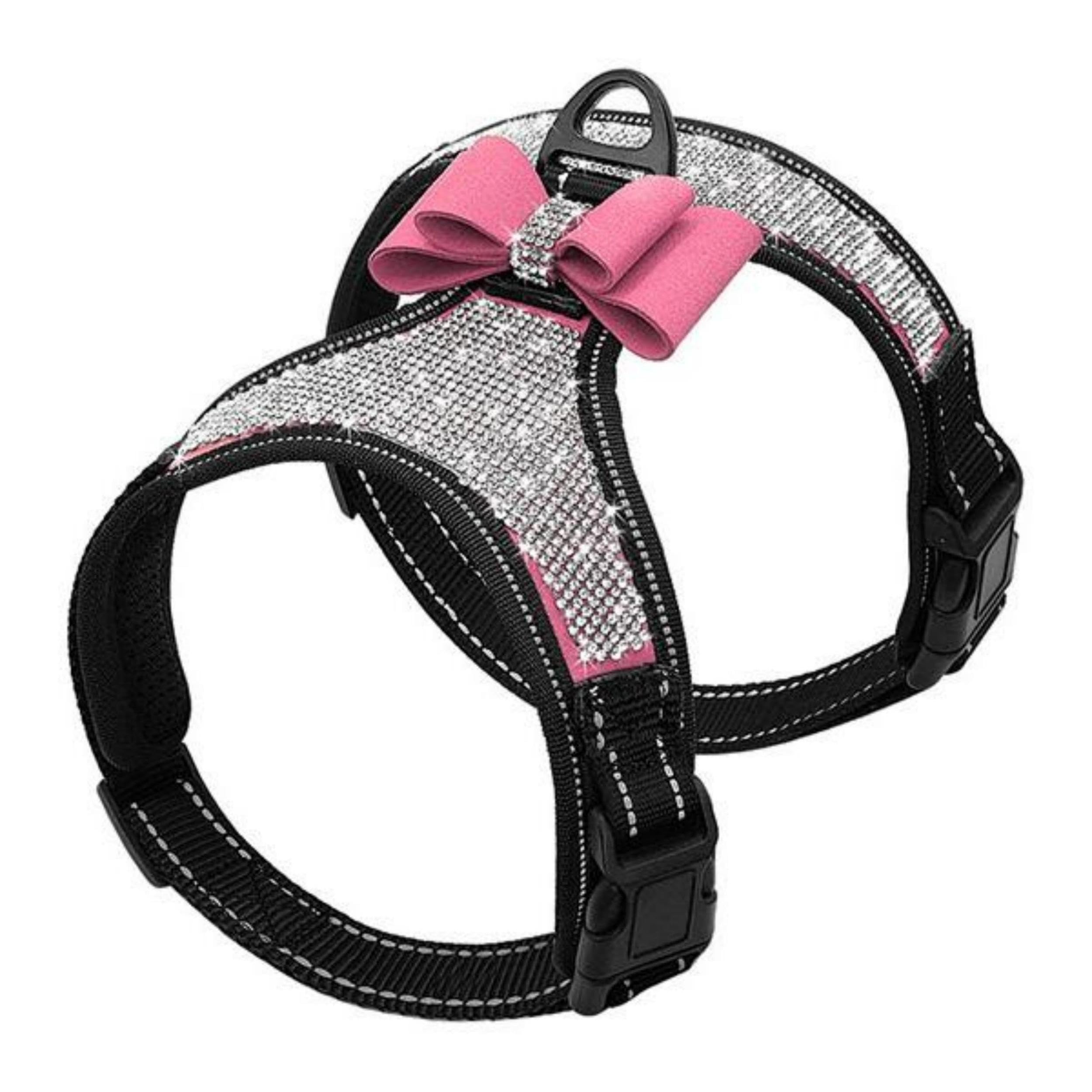 Beirui Rhinestone Dog Harness - Reflective Bling Nylon Dog Vest With Sparkly Bow Tie For Small Medium Large Dogs Walking Party Wedding,Pink,L