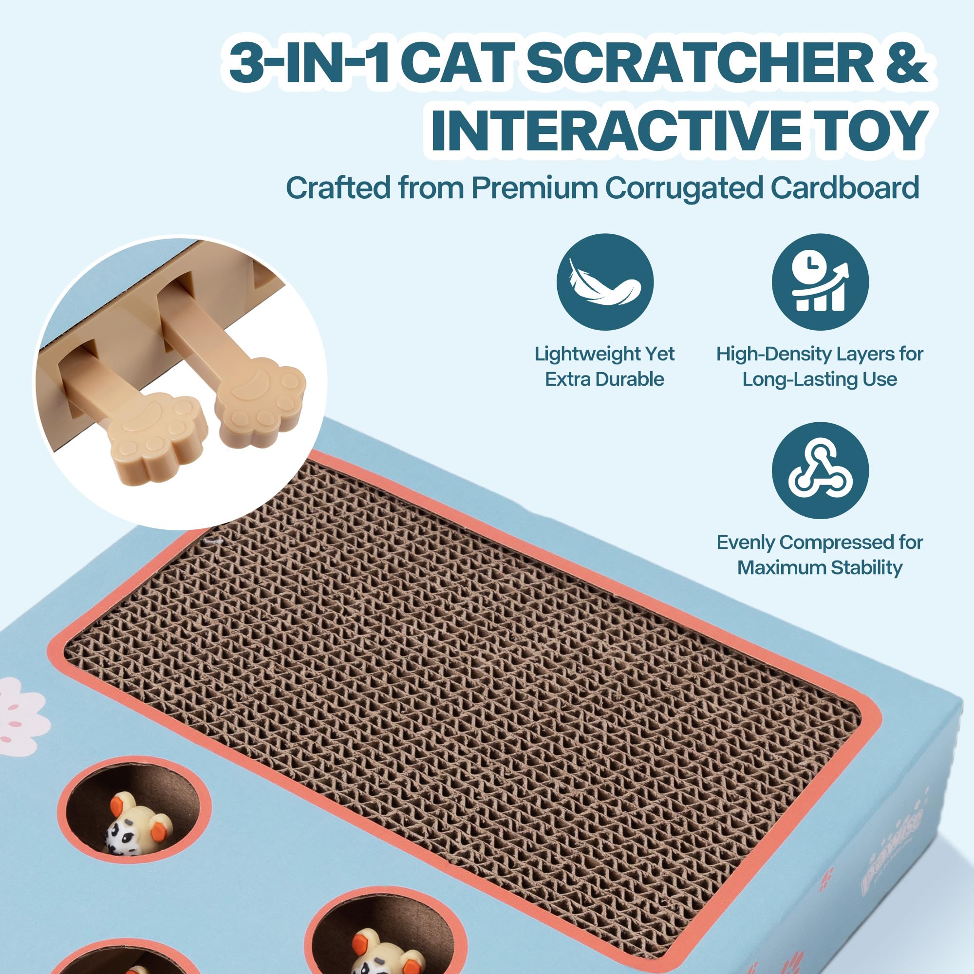 PAWISE Interactive Cat Play Scratch,3-in-1 Whack-A-Mole Puzzle Toy, Cat Scratching Post with Catnip, Fun Toy for Kitten,Cardboar