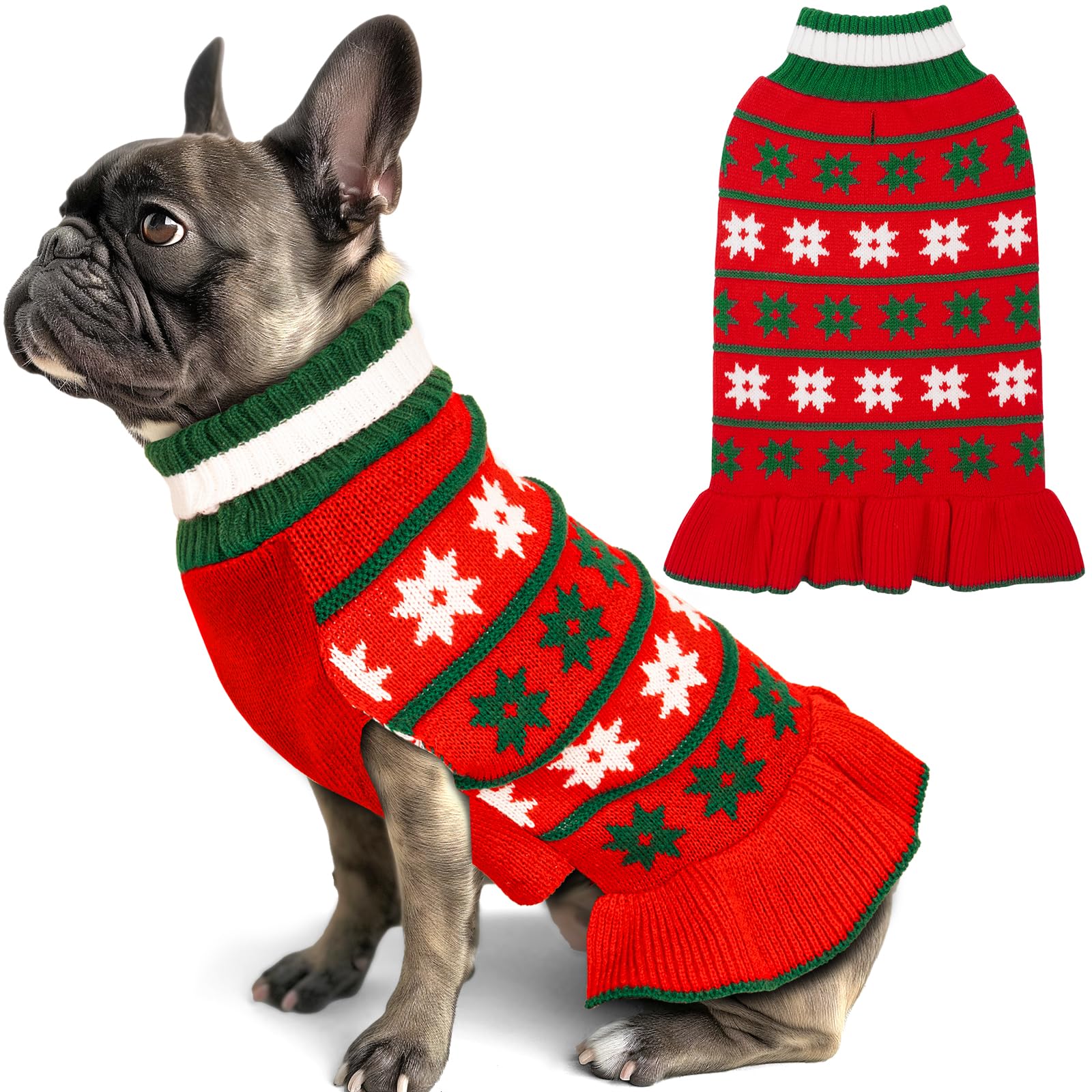 Kyeese Christmas Dog Sweater Dress Turtleneck Dogs Pullover Knit With Leash Hole Dog Sweater Cute For Fall Winter Warm