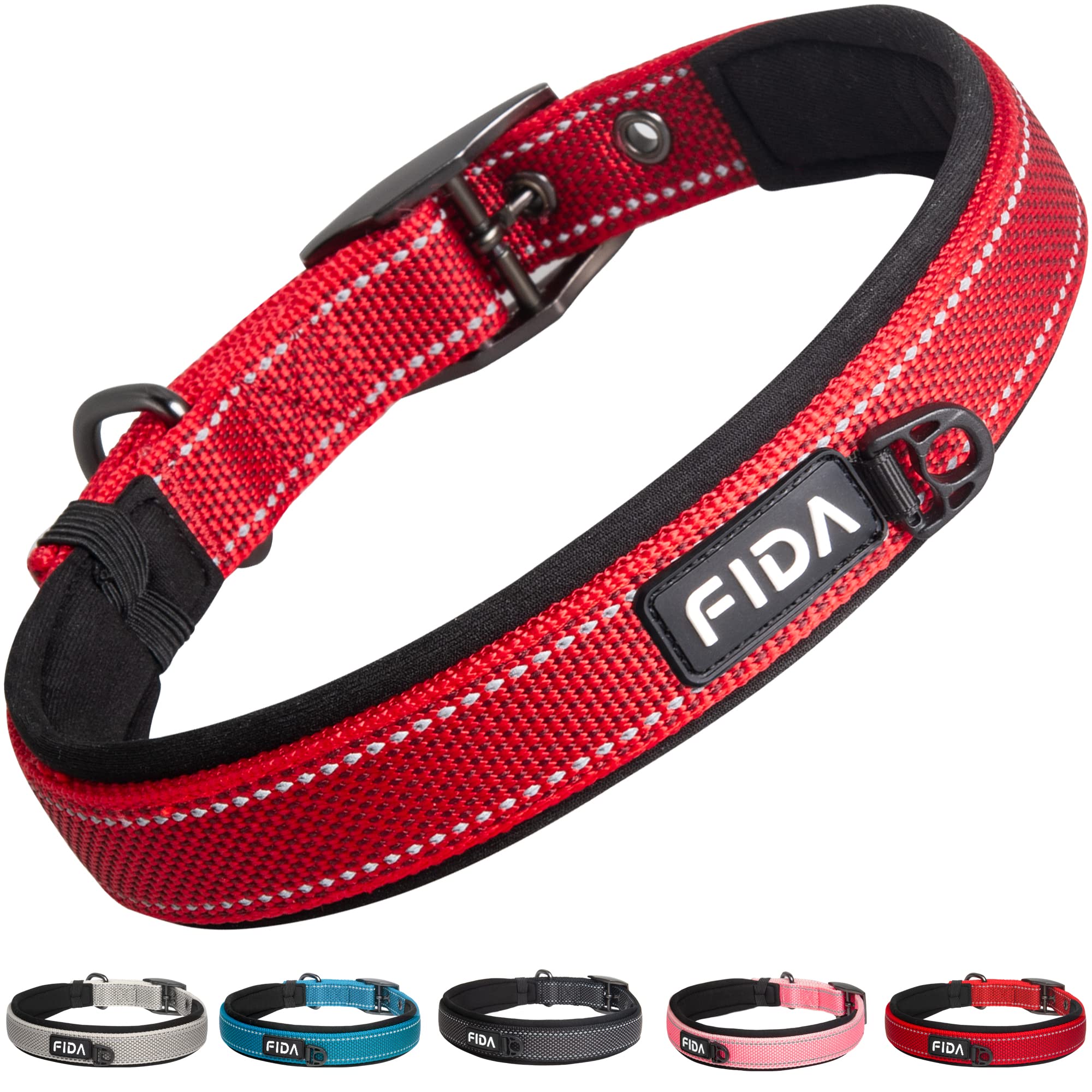 Fida Heavy Duty Dog Collar, Ultra Comfortable Soft Neoprene Padded, Adjustable Reflective Nylon Pet Collar With Durable Metal Belt Buckle For Small Breeds (S, Red)