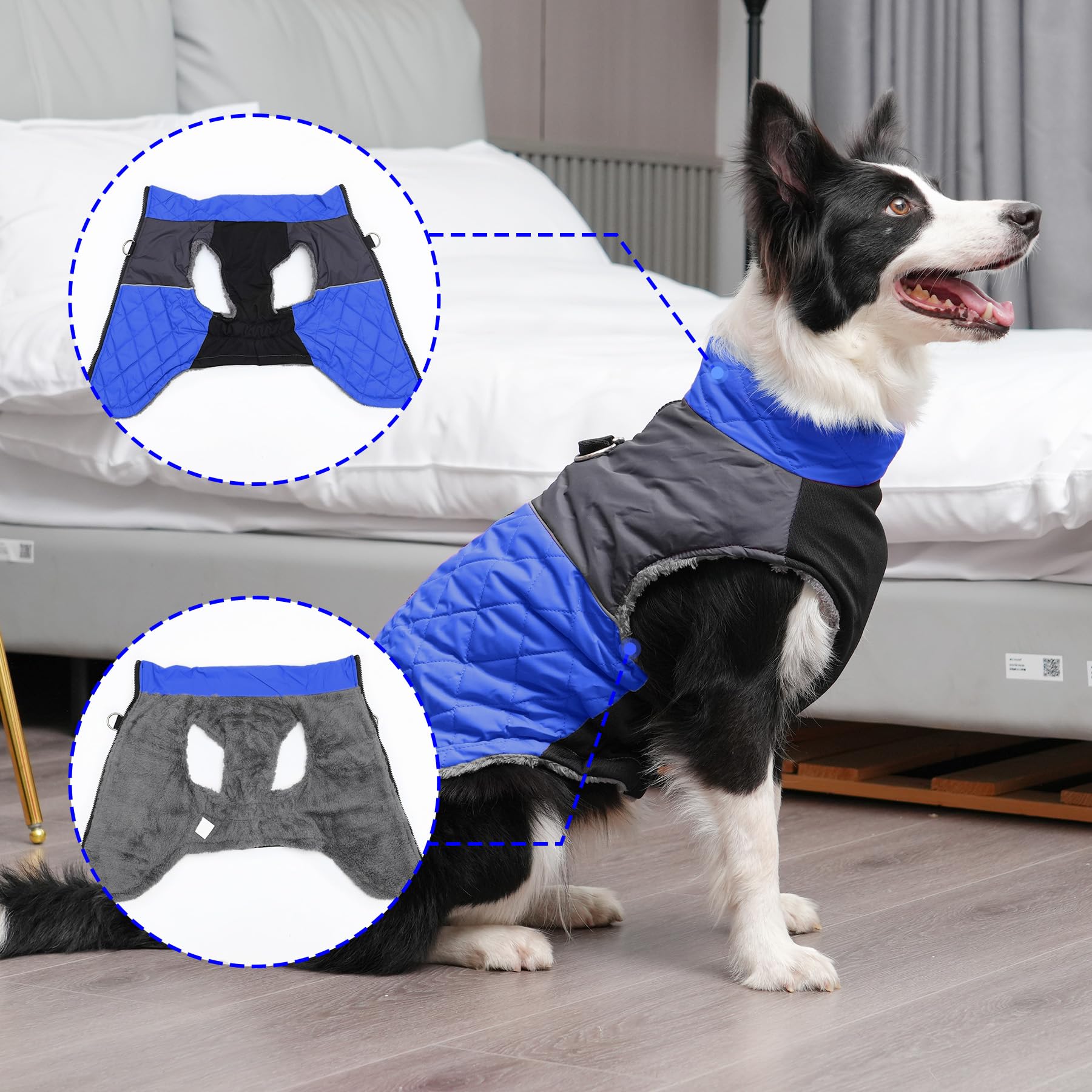 Joydaog Warm Fleece Dog Coats For Large Dogs,D-Rings Waterproof Puppy Jacket For Cold Winter,Blue Xxxl