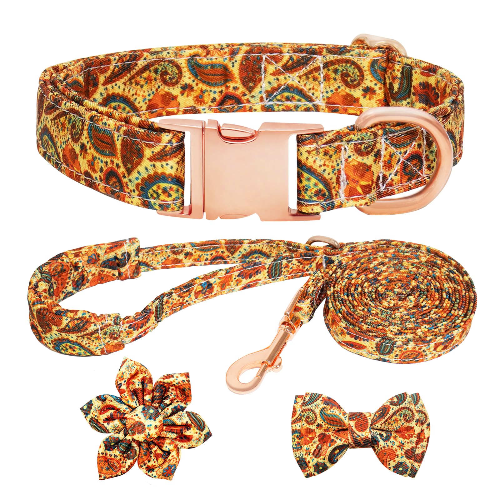 HSIGIO Dog Collar and Leash Set Girls Adjustable Puppy Collars with Floral Bow Tie for Small Medium Large Female Dogs, Orange Pa