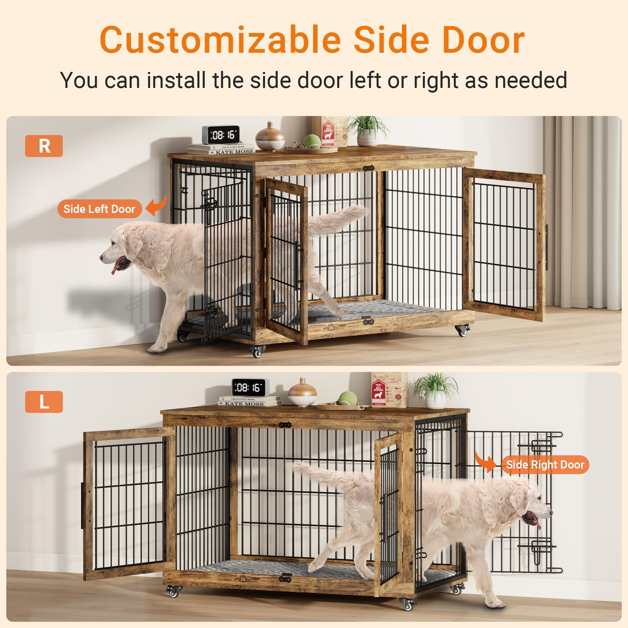 Lulive XL Wooden Dog Crate Furniture, 44'' Heavy Duty Kennel, Brown, Chew-Resistant with Cushion & Wheels