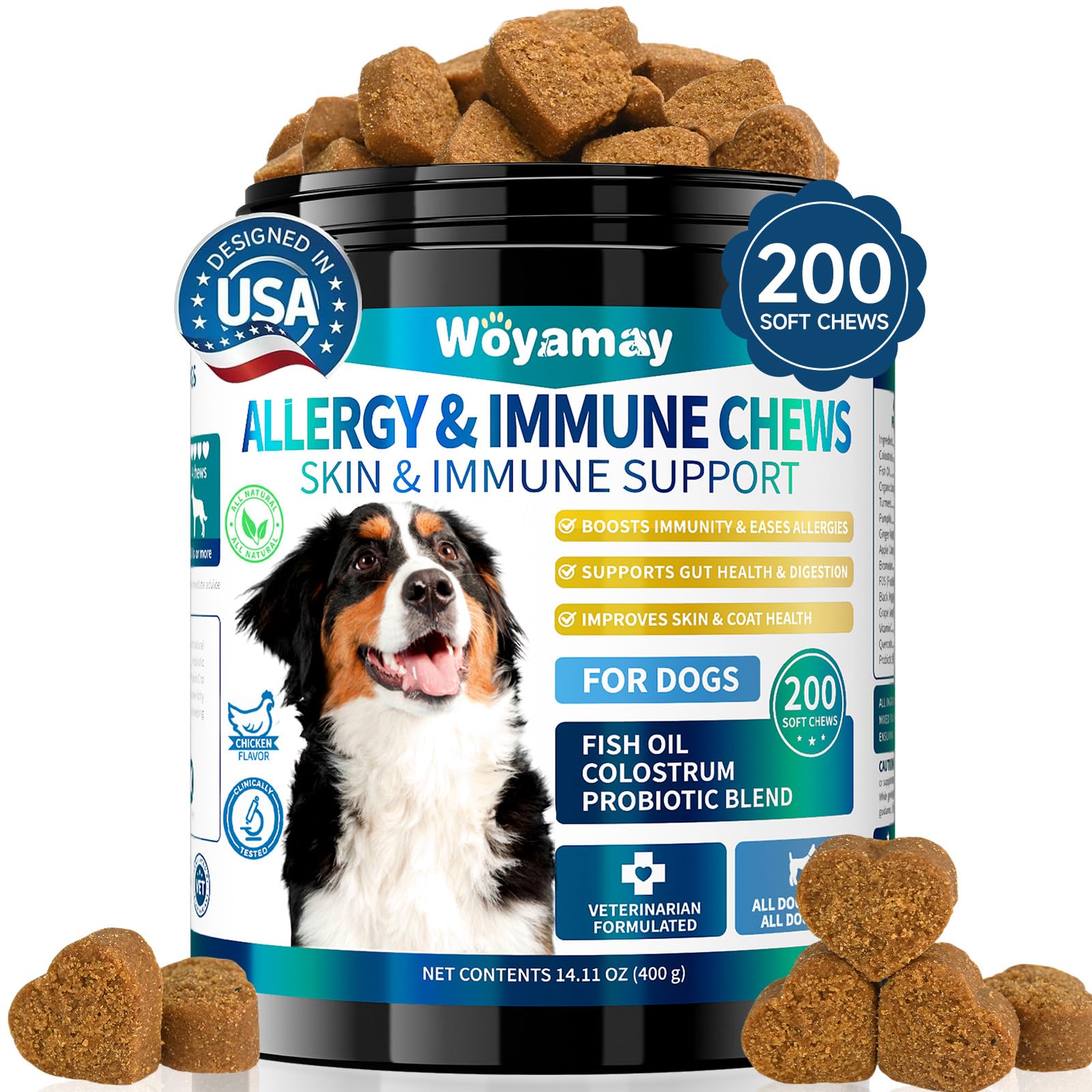 200 Dog Allergy Chews Anti-Itch for Dogs, Dog Allergy Relief Chews for Dogs Itching Skin Relief, Skin & Coat Supplement, Omega 3