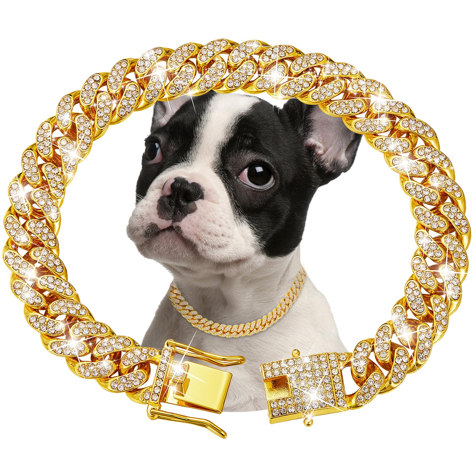 Gold Dog Chain Collar Diamond Cuban Link Dog Collar 13Mm Wide Dog Necklace Metal Cat Chain Pet Crystal Collar Jewelry Accessorie