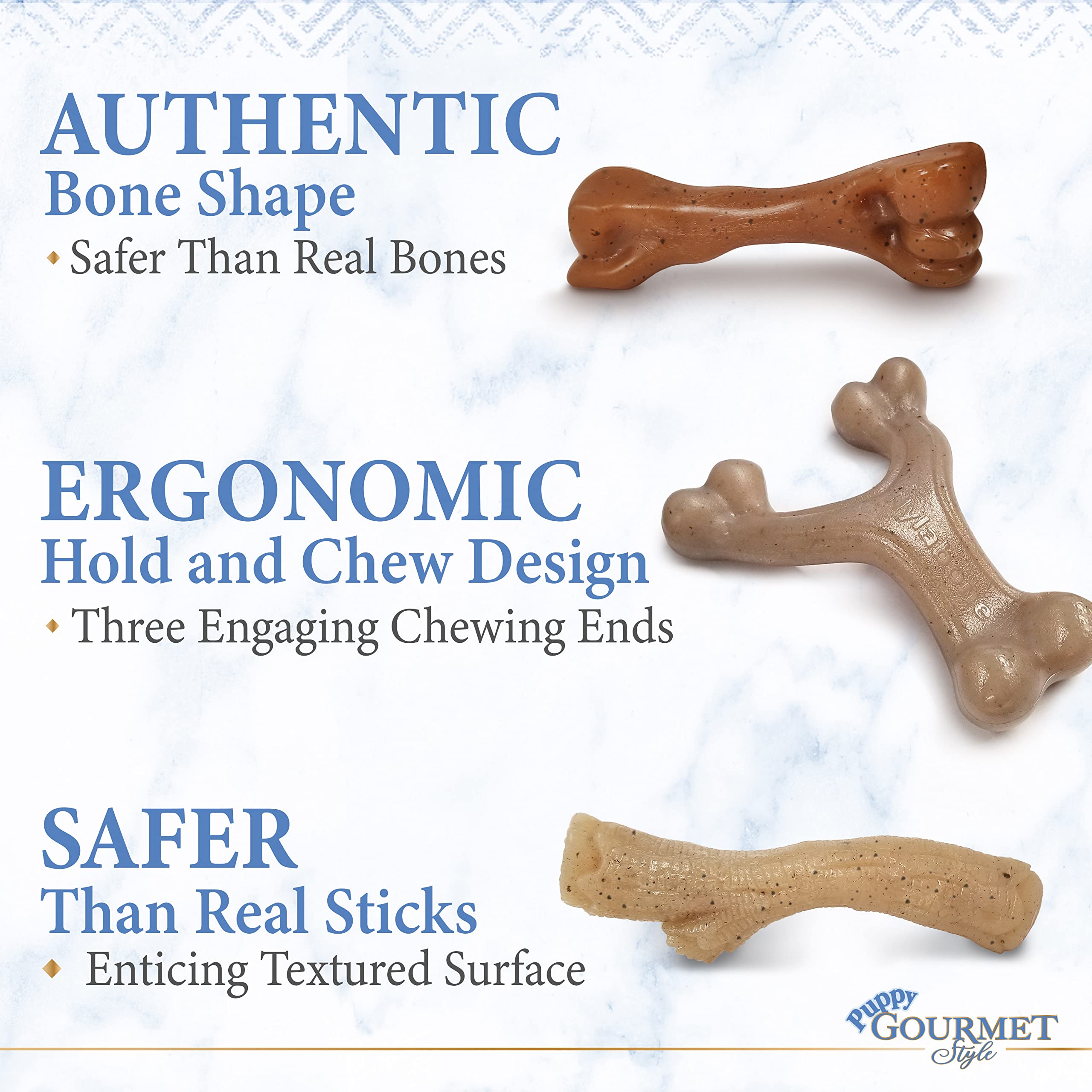 Nylabone Gourmet Style Femur, Wishbone, & Stick Strong Chew Toy for Puppies, Bacon, Chicken & Peanut Butter Flavor, Small - Up t