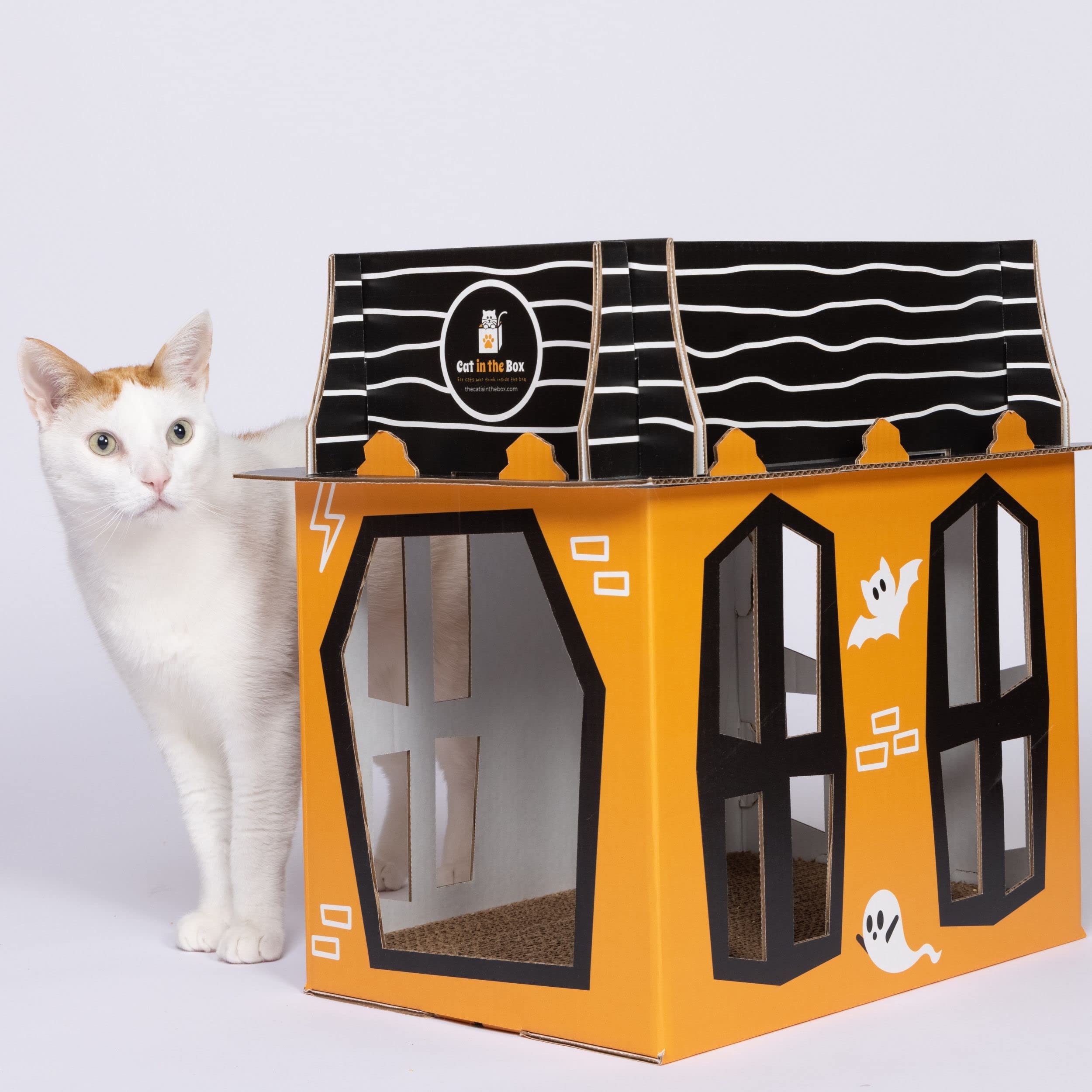 Spooky Cat Haunted House - Halloween Mansion Playhouse For Cats, Kittens, Rabbits & Bunny. Cardboard Box House Condo Cave Furnit