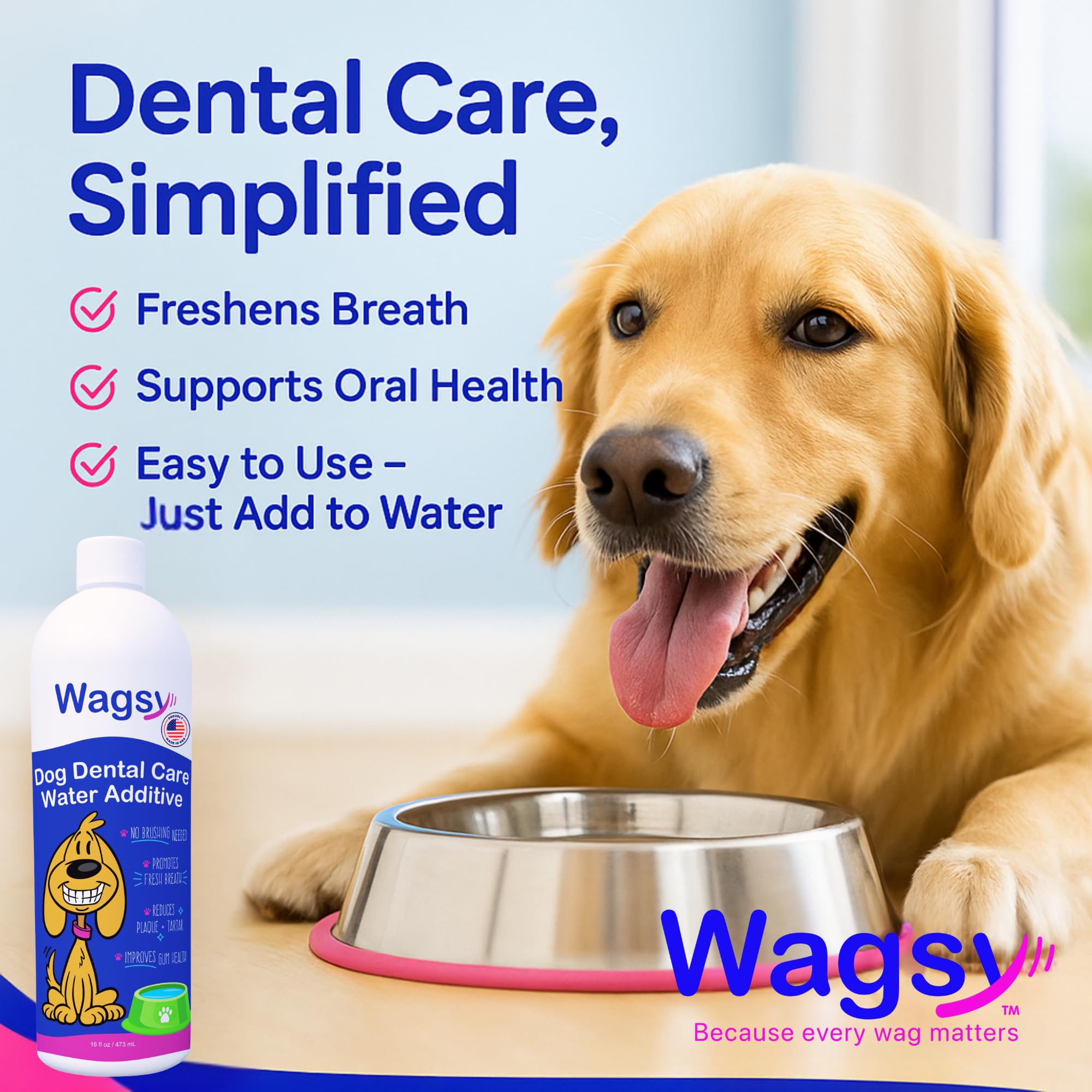 WAGSY Dog Breath Freshener & Dental Care Water Additive - Naturally Derived, Clear, Model: wwa16, Bad Breath & Plaque Control
