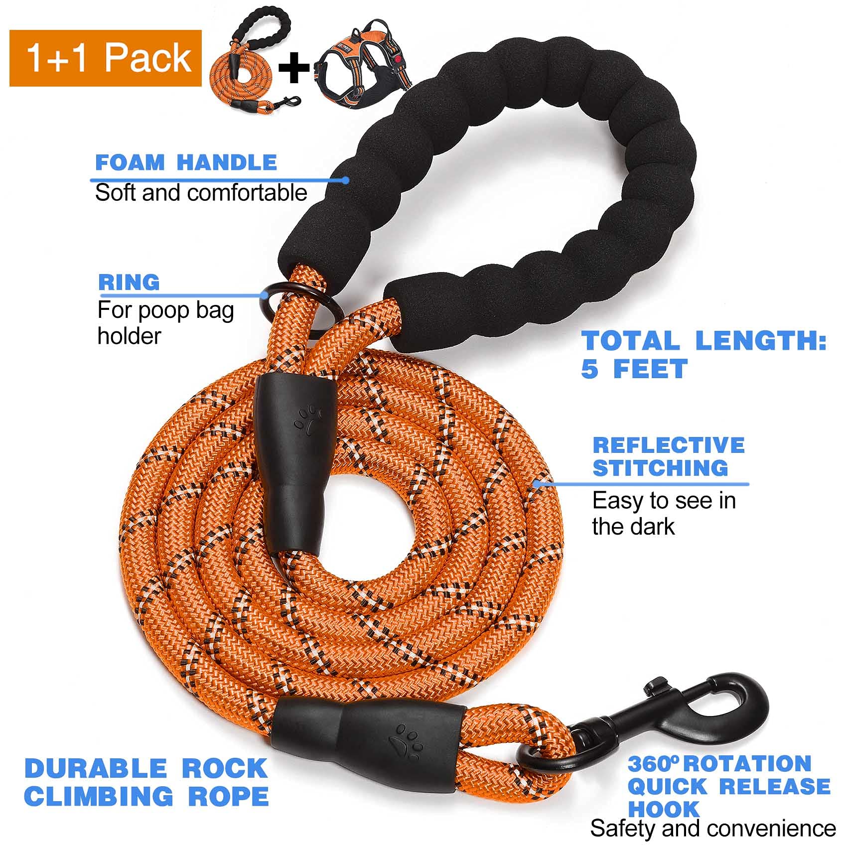 Tobedri No Pull Dog Harness Adjustable Reflective Oxford Easy Control Medium Large Dog Harness With A Free Heavy Duty 5Ft Dog Leash (Xl (Chest: 31'-39'), Orange Harness+Leash)