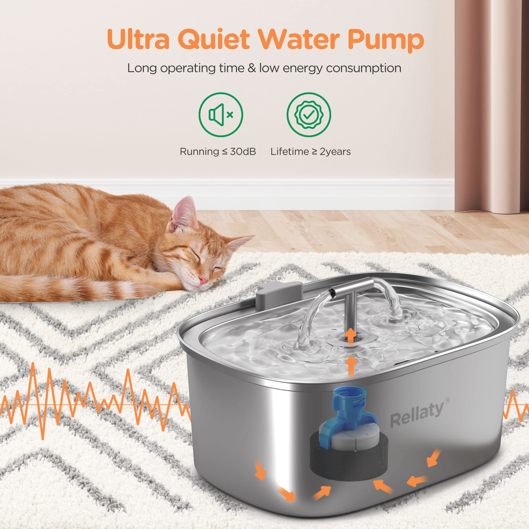 Rellaty Cat Water Fountain, Stainless Steel, 3.2L, Large Pet Drinking Dispenser with 4 Filters