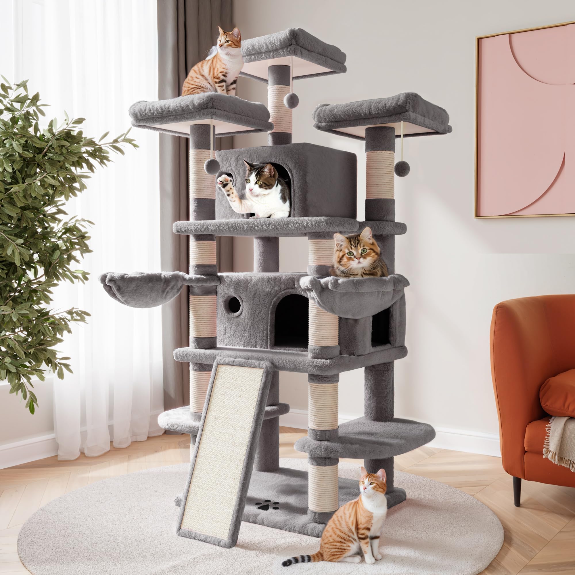 Sha Cerlin 68 Inches Multi-Level Large Cat Tree For Large Kitties/Big Cat Tower With Condo/Cozy Plush ‌Pussycat Perches/Sisal Scratching Posts And Hammocks/Activity Center/Grey