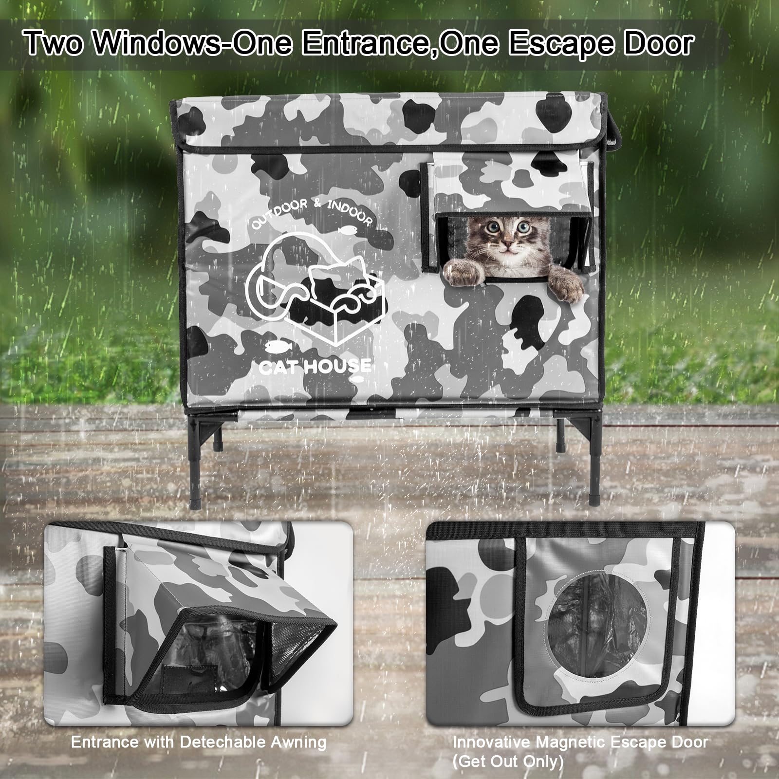 Cat House Outdoor, Elevated Feral Cat Shelter Weatherproof With Escape Door,Outside Waterproof Insulated Strayed Cat House For W