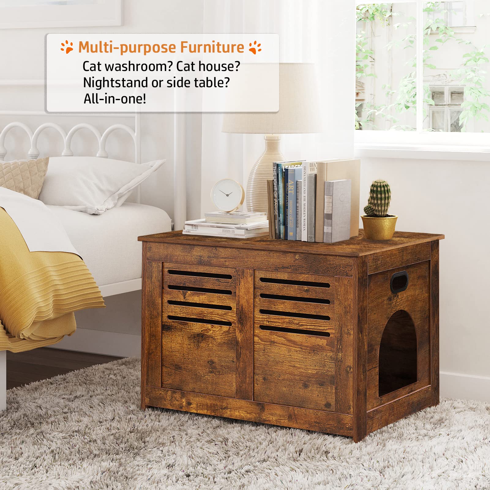 Dinzi Lvj Litter Box Furniture, Flip Top Hidden Cat Washroom With Louvered Window, Entrance Can Be On Left/Right Side, Enclosed Cat Litter House Side Table For Most Of Cat And Litter Box, Rustic Brown