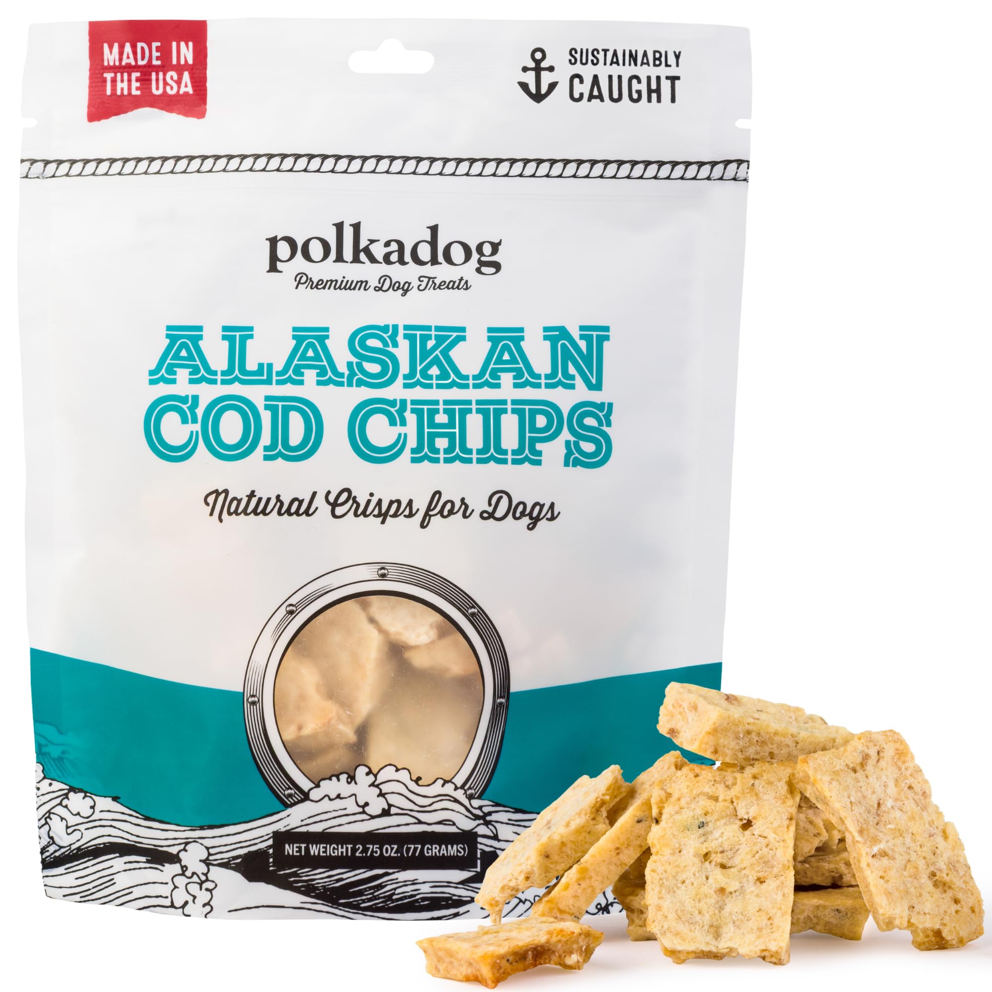 Polkadog Crunchy Alaskan Cod Chip Dog Treats - 100% Wild-Caught Fish Treat for Dogs, Cats - All-Natural, Grain-Free, Gluten-Free