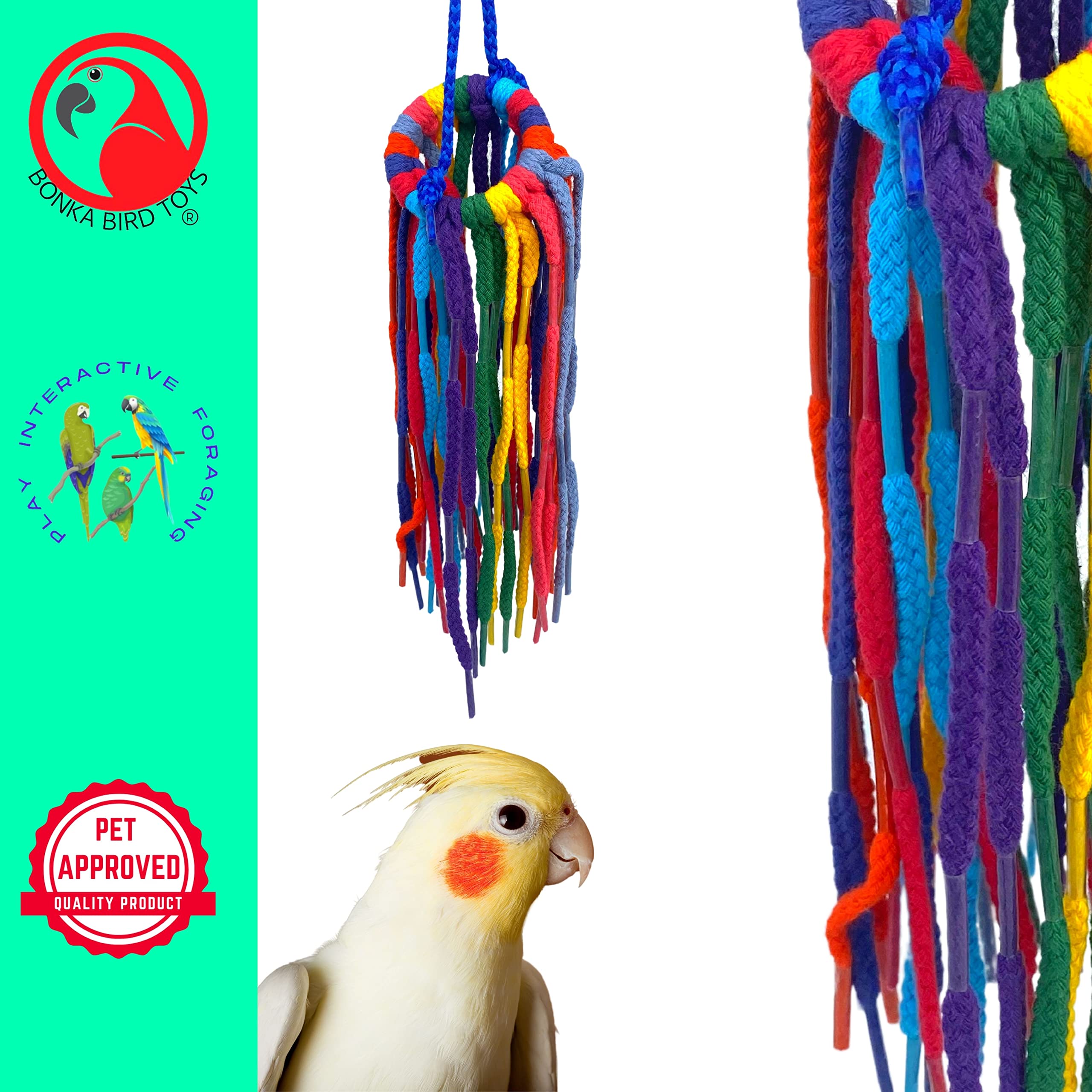 Bonka Bird Toys 51214 Small Aglet Heaven, 11' Hanging Bird Toy, Soft Colorful Cotton Shoelace Ring With Plastic Aglets, Lightweight And Easy To Play With, Safe For Parrots, Parakeets, Cockatiels