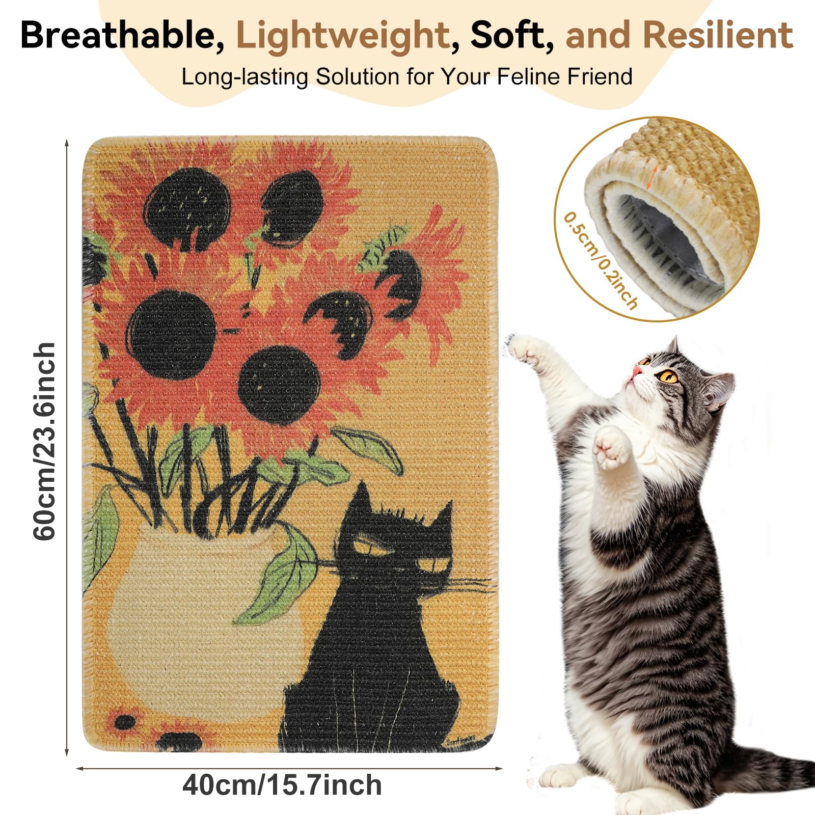 3-In-1 Sisal Cat Scratch Mat Sunflower 23.6X15.7'' Floor & Wall Cat Scratcher Pad, Protects Carpet Couch & Furniture With Sticke