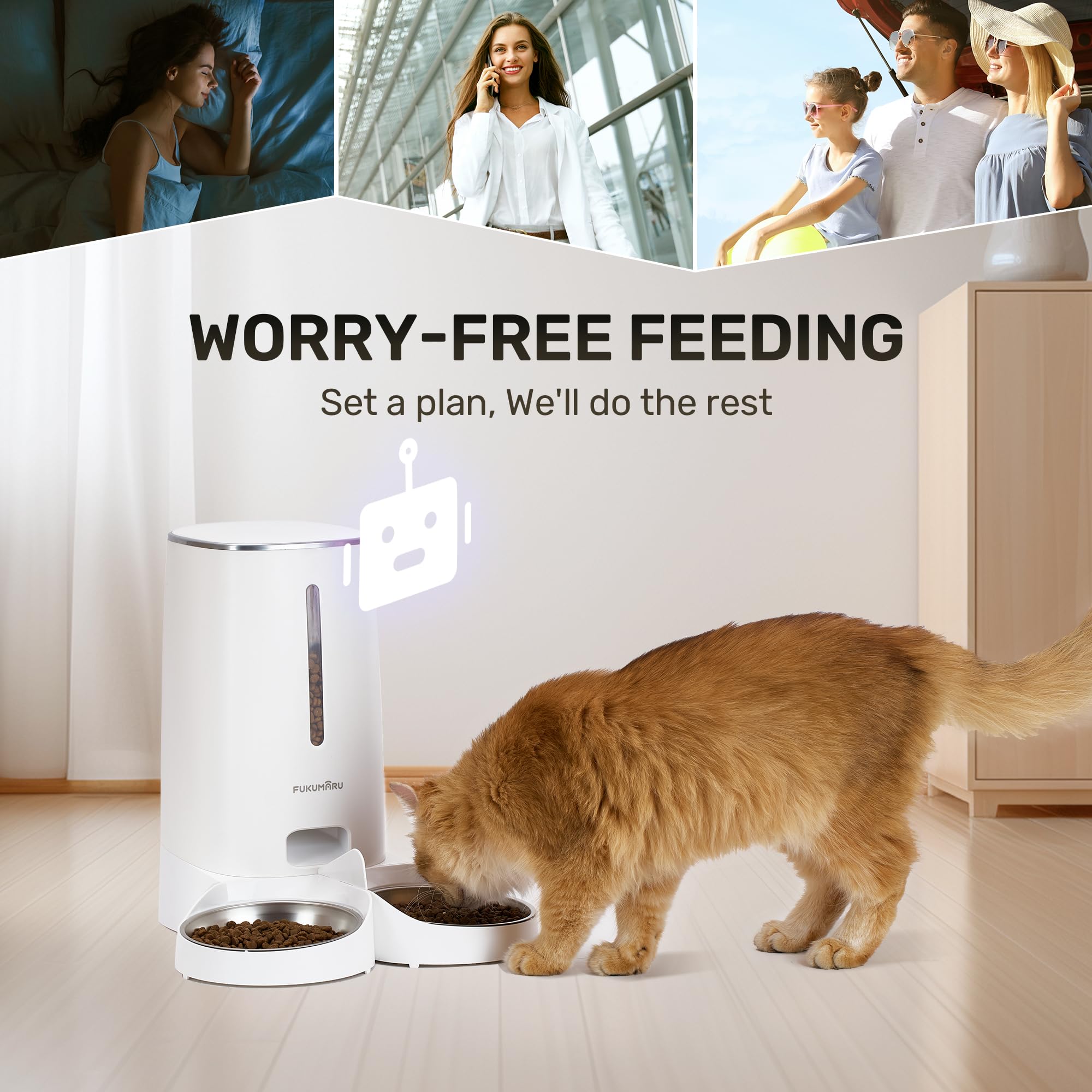 FUKUMARU Automatic Cat Feeder, 4L Dog Feeders with Double Bowls, Support DIY Meals and Timed Control WiFi Cat sFood Dispenser, S