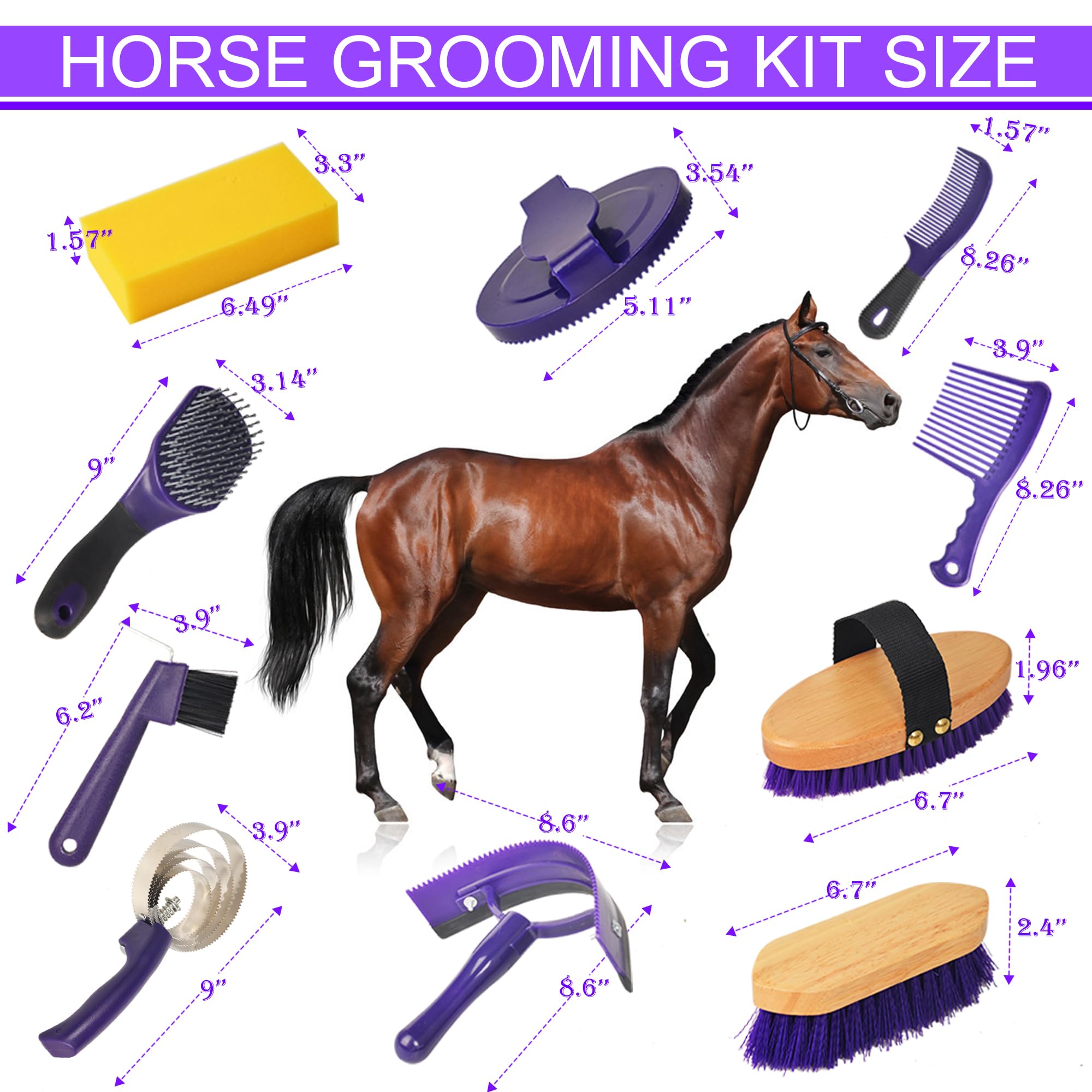 Kunbeien Horse Grooming Kit, 11 Piece Horse Bathing Supplies With Organize Bag, Horse Washing Full Body Kit, Including Sweat Scr