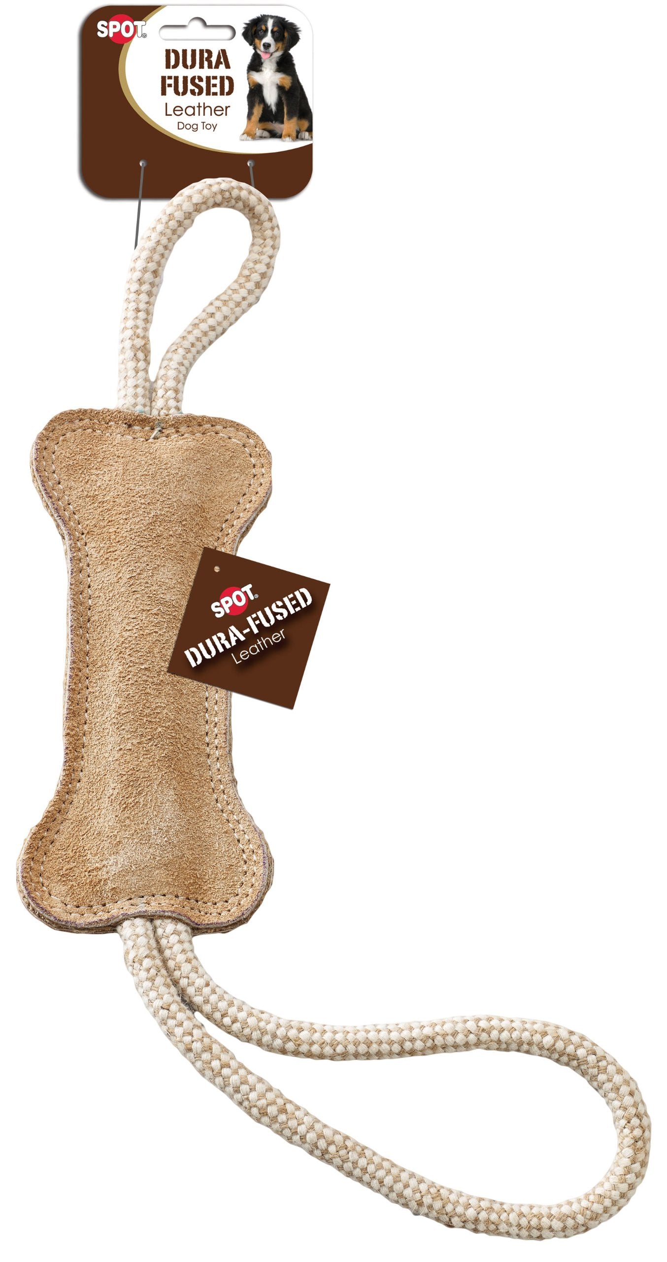 Spot Dura-Fused Leather Bone Tug - Dog Toy With Squeaker And Double Rope Handles, Made With Real Leather And Jute Fabric For Aggressive Chewers, Durable Tug Toy For Dogs And Puppies, Large - 18In