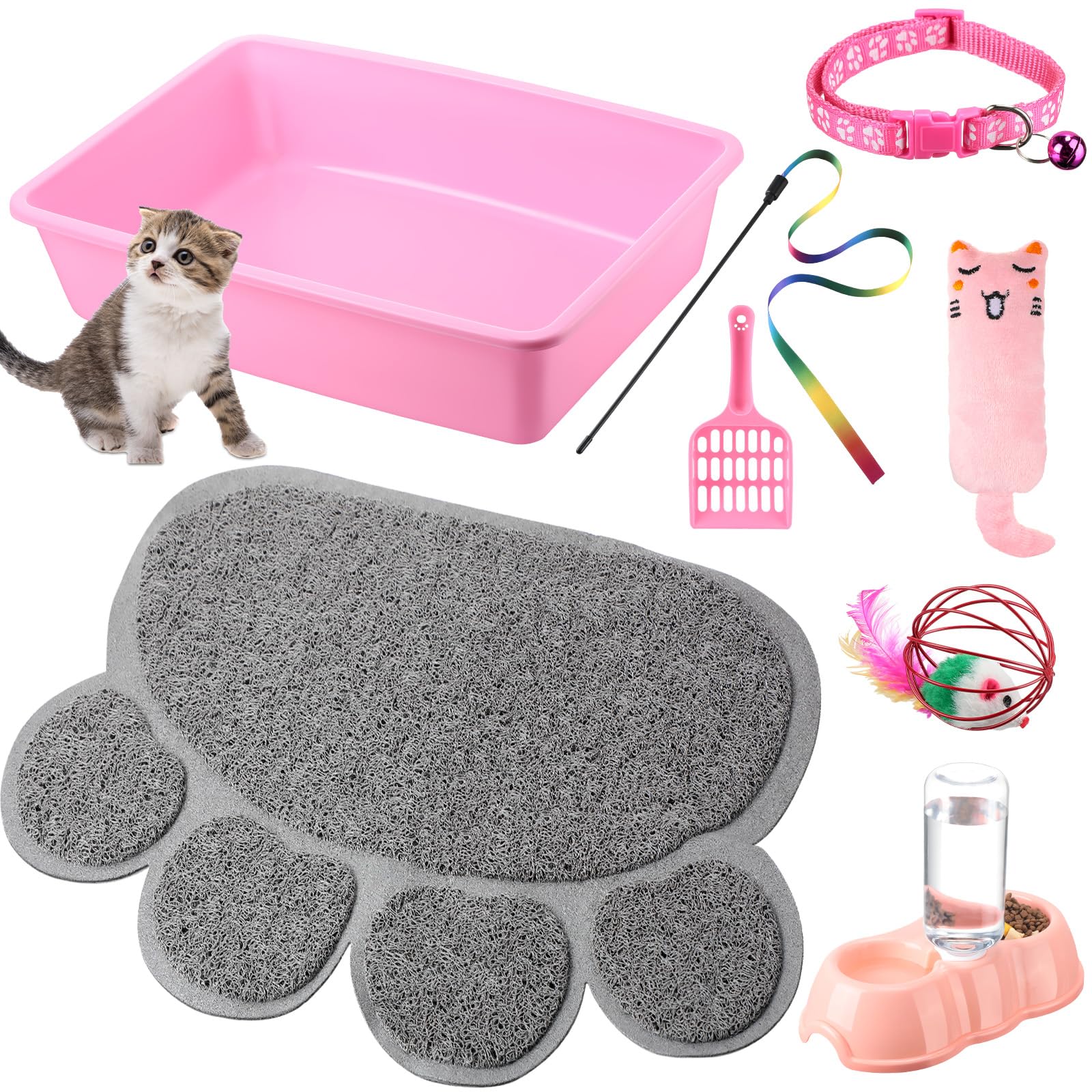 7 Pcs Small Cat Kitten Starter Kit - Litter Box, Paw Mat, Double Bowls, Toy Teaser Stick, Collar - Essentials Kit for 1-3 Lbs Be