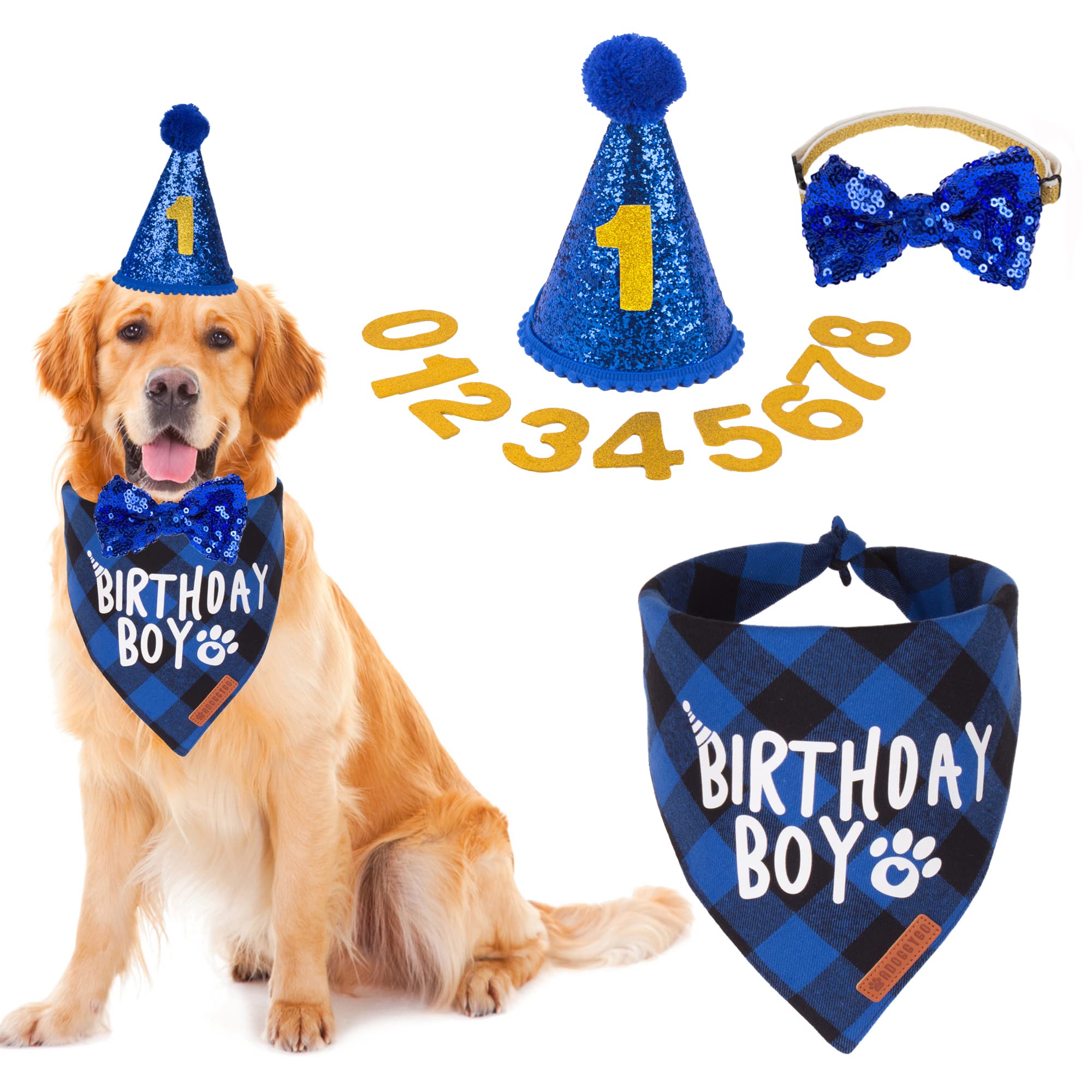 Adoggygo Dog Birthday Party Supplies, Multi Size Offered, Blue Dog Birthday Hat Bandana Numbers Bow Set For Large X-Large Dogs P