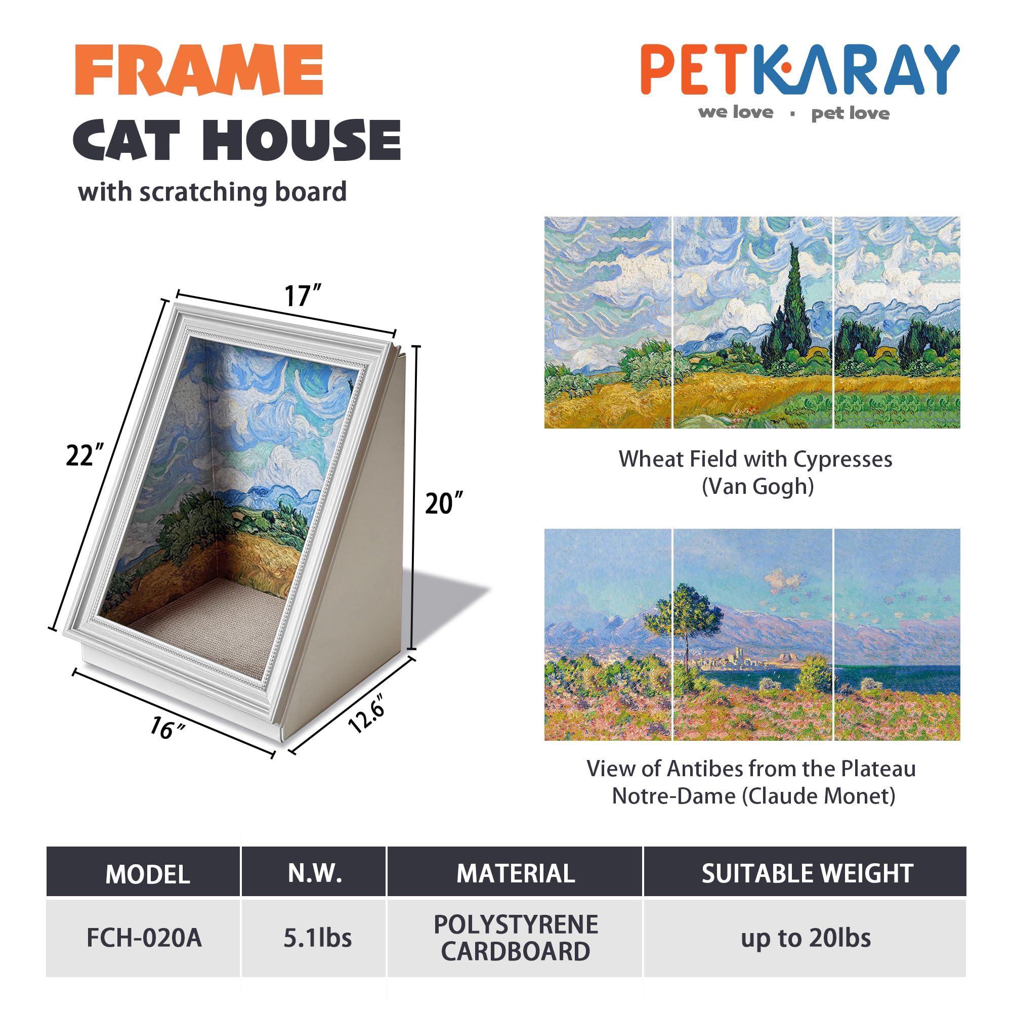 Petkaray Frame Cat House With Scratching Board, Oil Painting Cat Scratcher Indoor Artwork Cave, Large Beds For Kitten With Repla