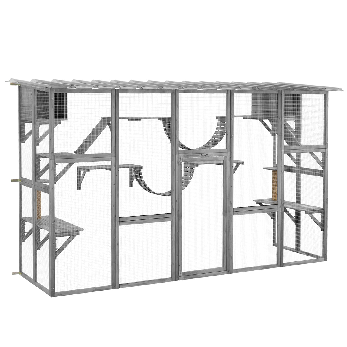 Pawhut Catio Playground Cat Window Box Outside Enclosure, Outdoor Cat House With Weather Protection Roof For Multiple Kitties, Wooden Frame, Shelves & Bridges, 118' X 37.5' X 74', Gray