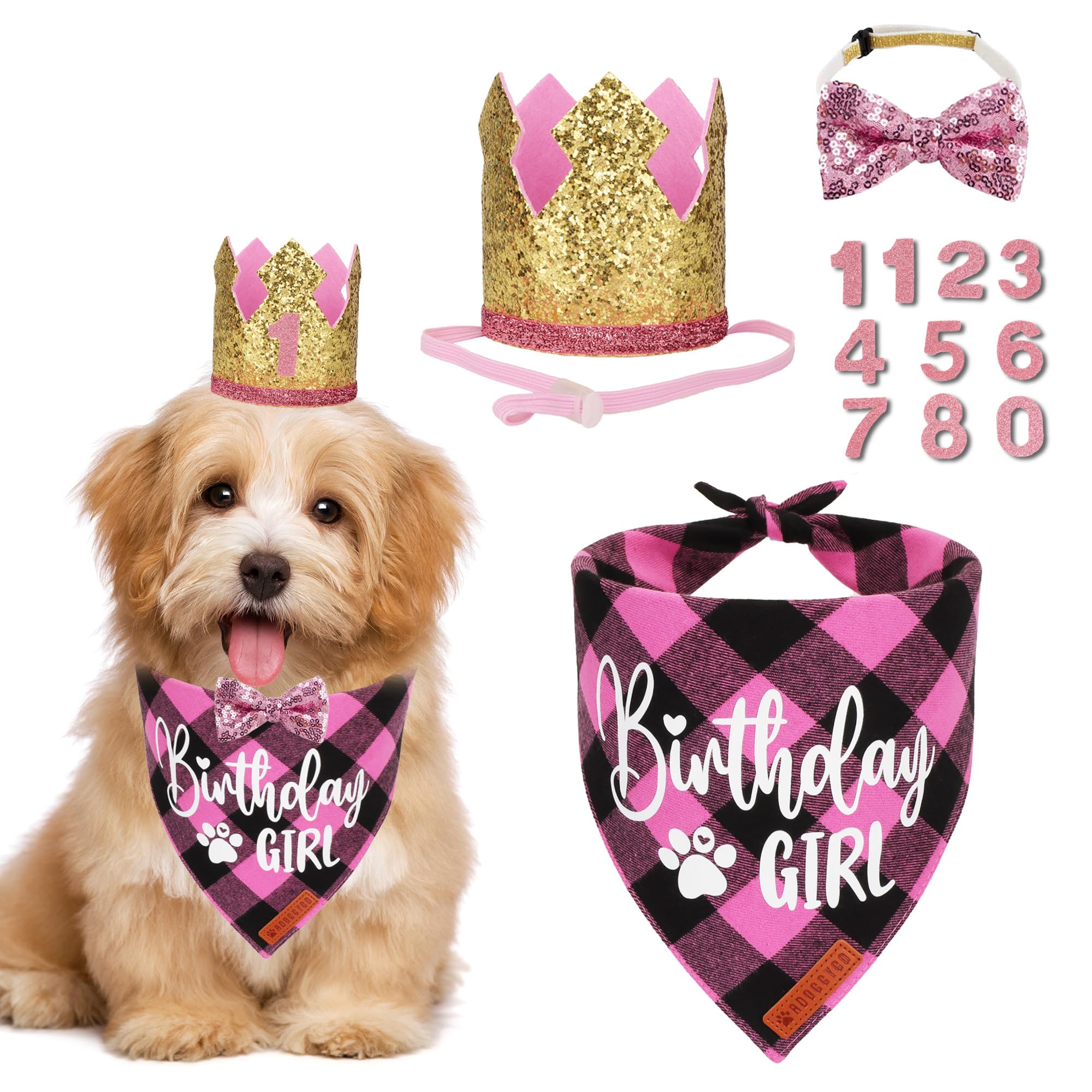 Adoggygo Dog Birthday Party Supplies, Pink Plaid Birthday Girl Dog Bandana, Golden Puppy Party Hat With Numbers, Bowtie For Smal