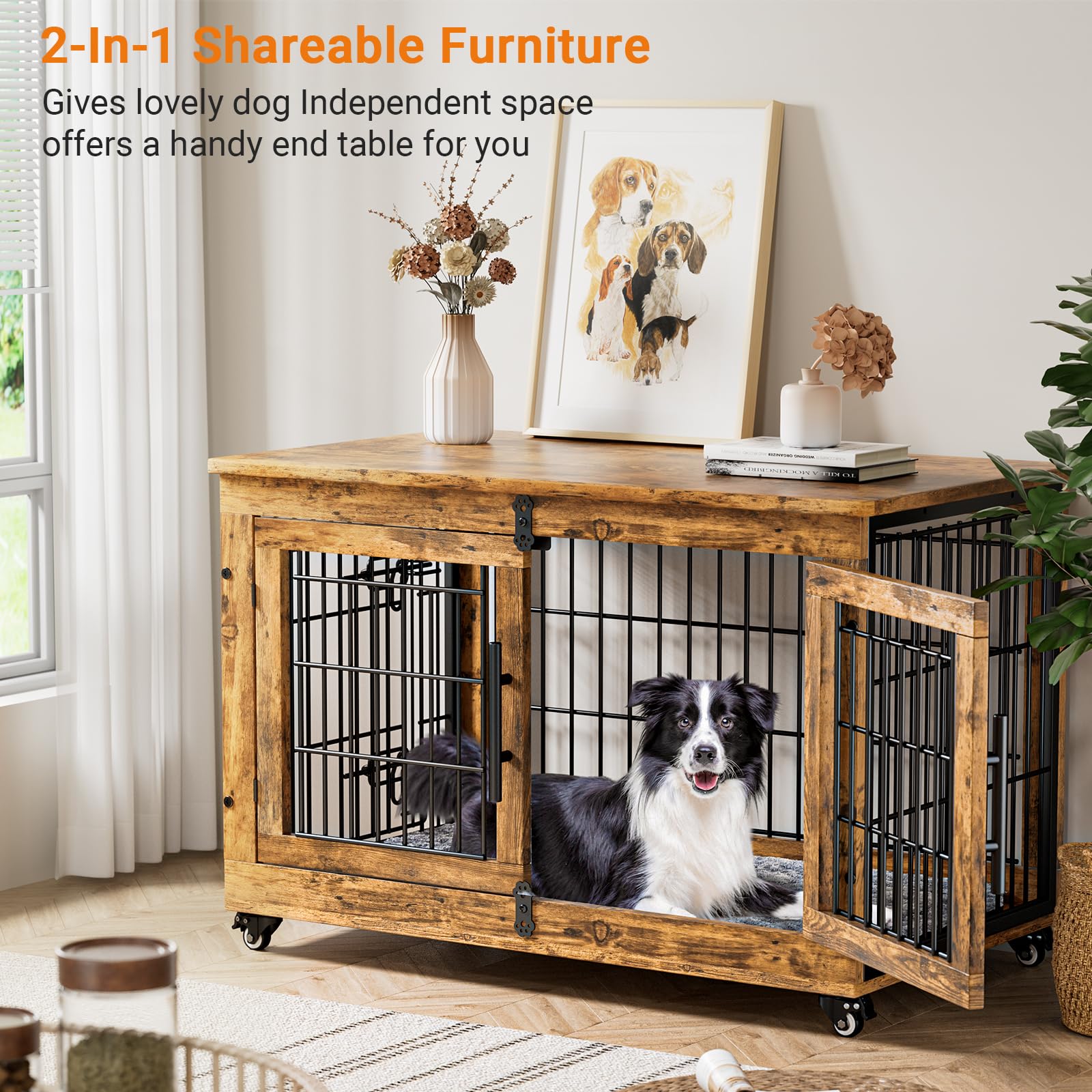 Lulive Dog Crate Furniture Set of 2, Dog Kennel Indoor Double Doors Wooden Dog Cage, 38 Heavy Duty Dog Crate with Cushion & Wh