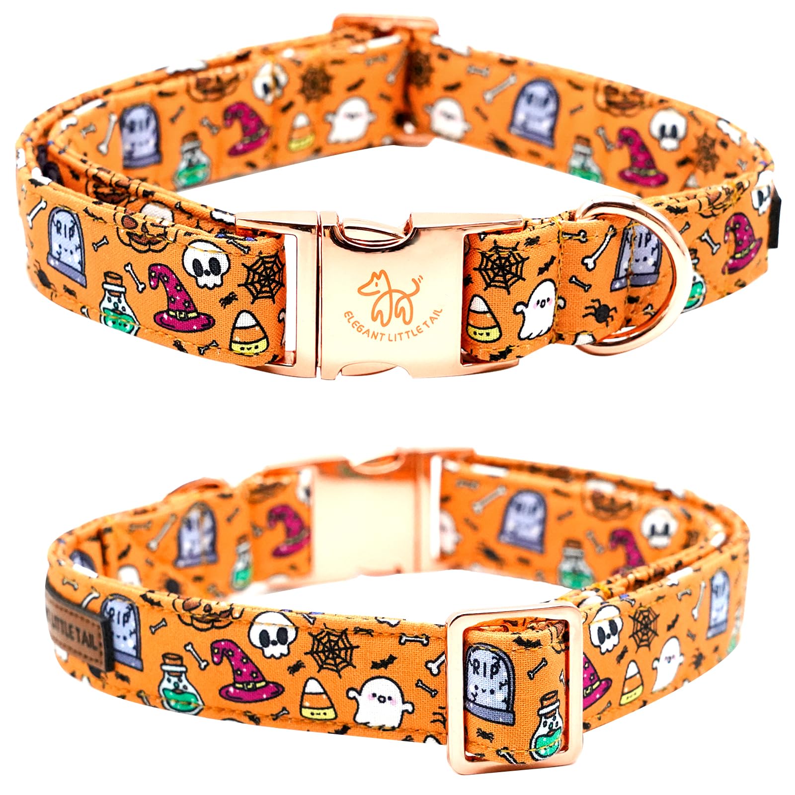 Elegant Little Tail Pumpkin Print Cotton Adjustable Dog Collar For X-Small Puppy