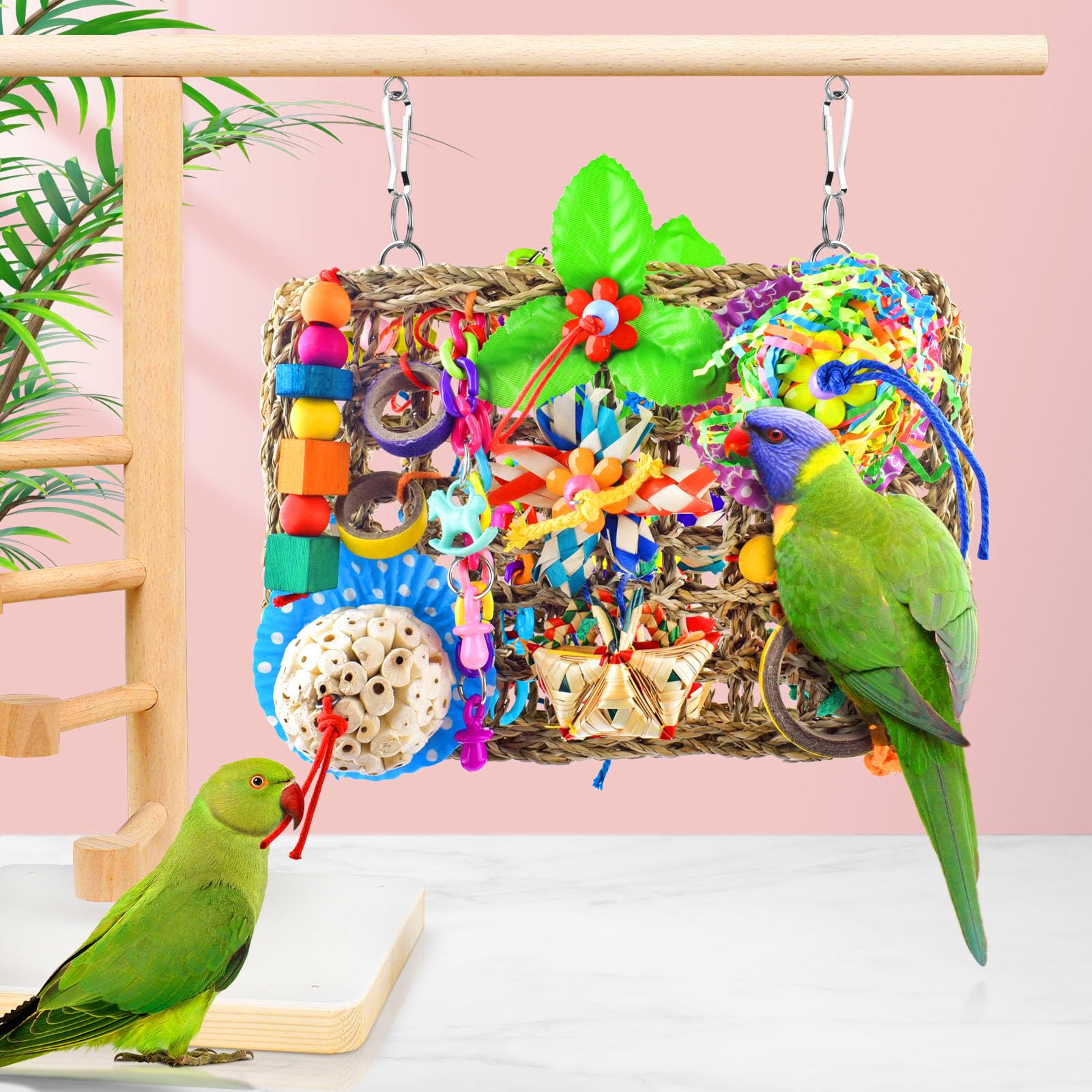 KATUMO Bird Toys, Small Parrot Foraging Toys Parakeet Climbing Mat with Toys Bird Chew Toys for Conure, Cockatiel, Lovebird, Par